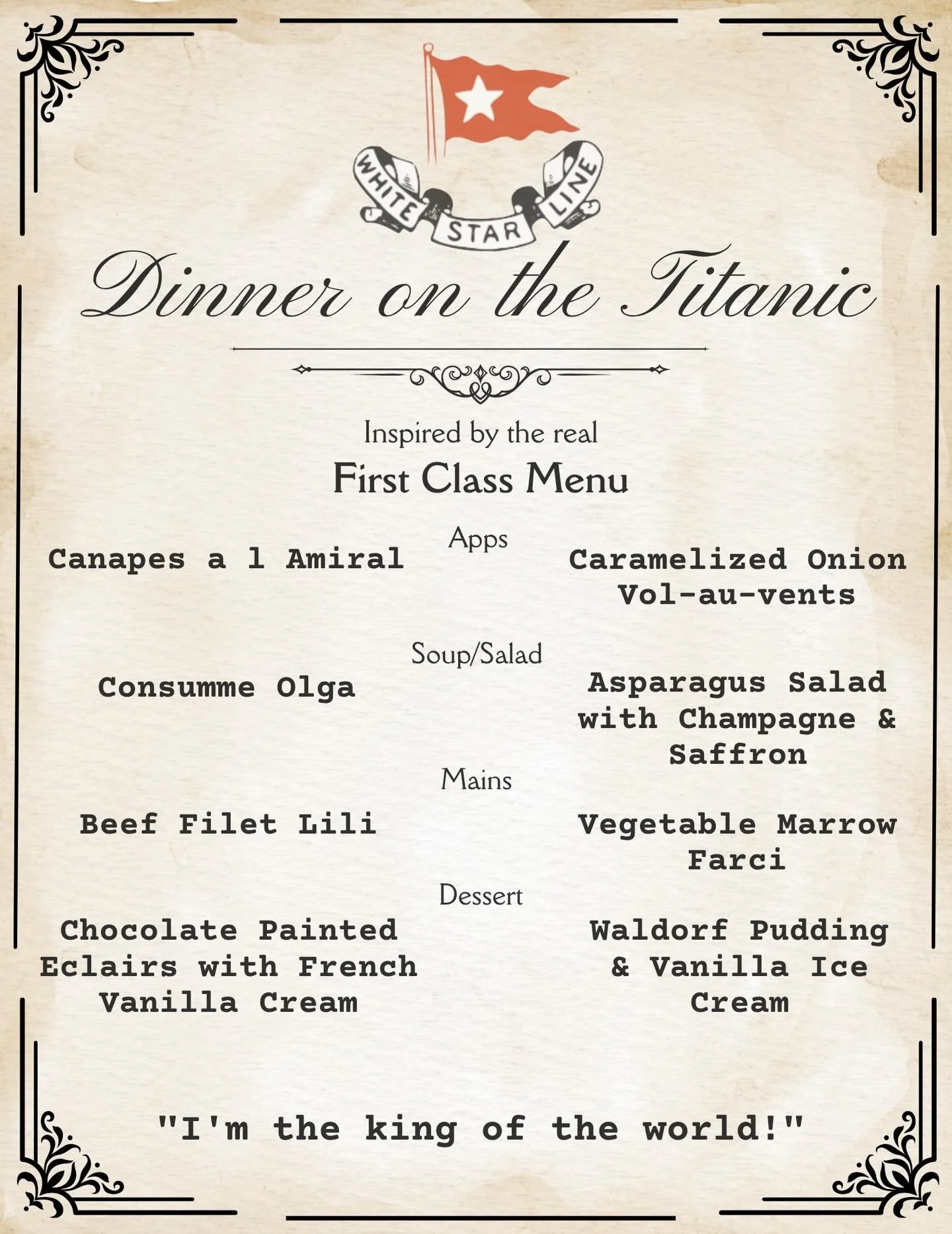 Step aboard the Titanic! On Thursday the 30th we'll set sail for a night of fine dining inspired by the ship's original first-class menu. Enjoy 1920s tunes and cuisine with us! 🚢🍷