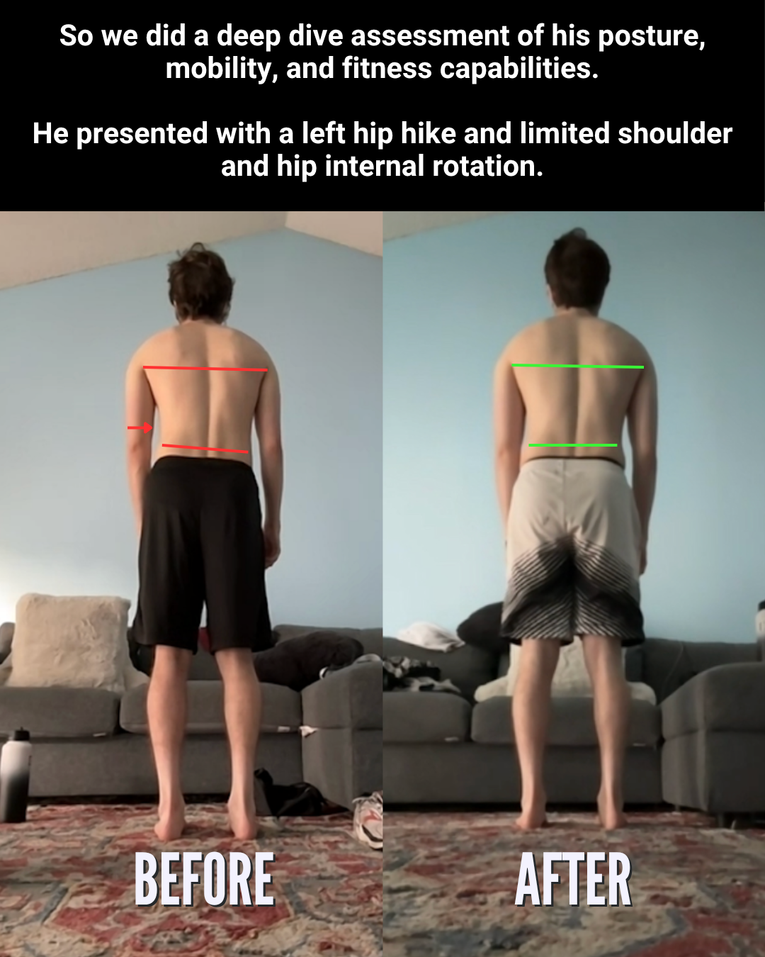 Side-by-side comparison of a shirtless man standing with his back to the camera in a living room, demonstrating postural changes before and after a deep dive assessment of his posture, mobility, and fitness capabilities, with red and green lines indi