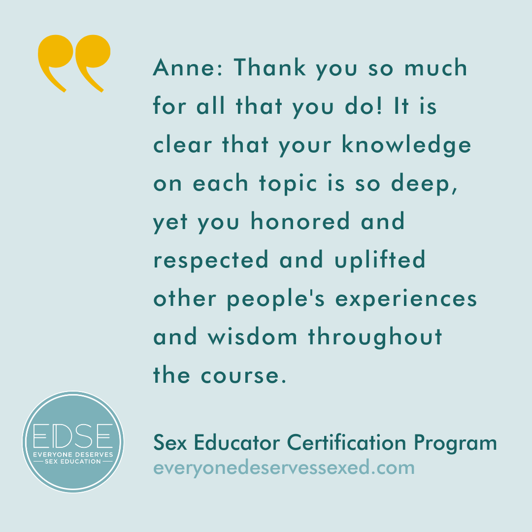  A testimonial that reads, “Anne: Thank you so much for all that you do! It is clear that your knowledge on each topic is so deep, yet you honored and respected and uplifted other people's experiences and wisdom throughout the course. ” 
