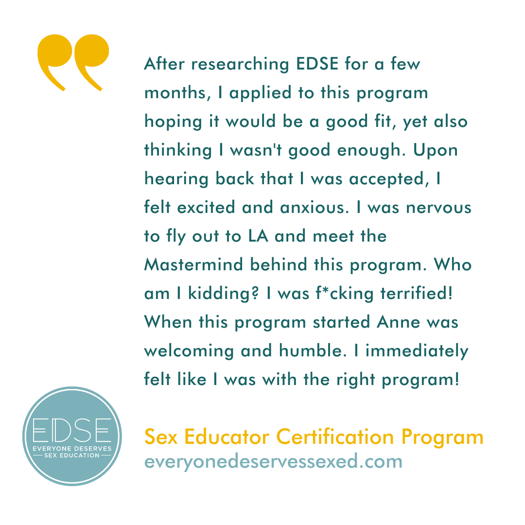  A testimonial that reads, “After researching EDSE for a few months, I applied to this program hoping it would be a good fit, yet also thinking I wasn't good enough. Upon hearing back that I was accepted, I felt excited and anxious. I was nervous to 