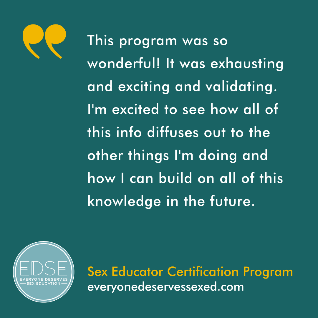  A testimonial that reads, “This program was so wonderful! It was exhausting and exciting and validating. I'm excited to see how all of this info diffuses out to the other things I'm doing and how I can build on all of this knowledge in the future.” 