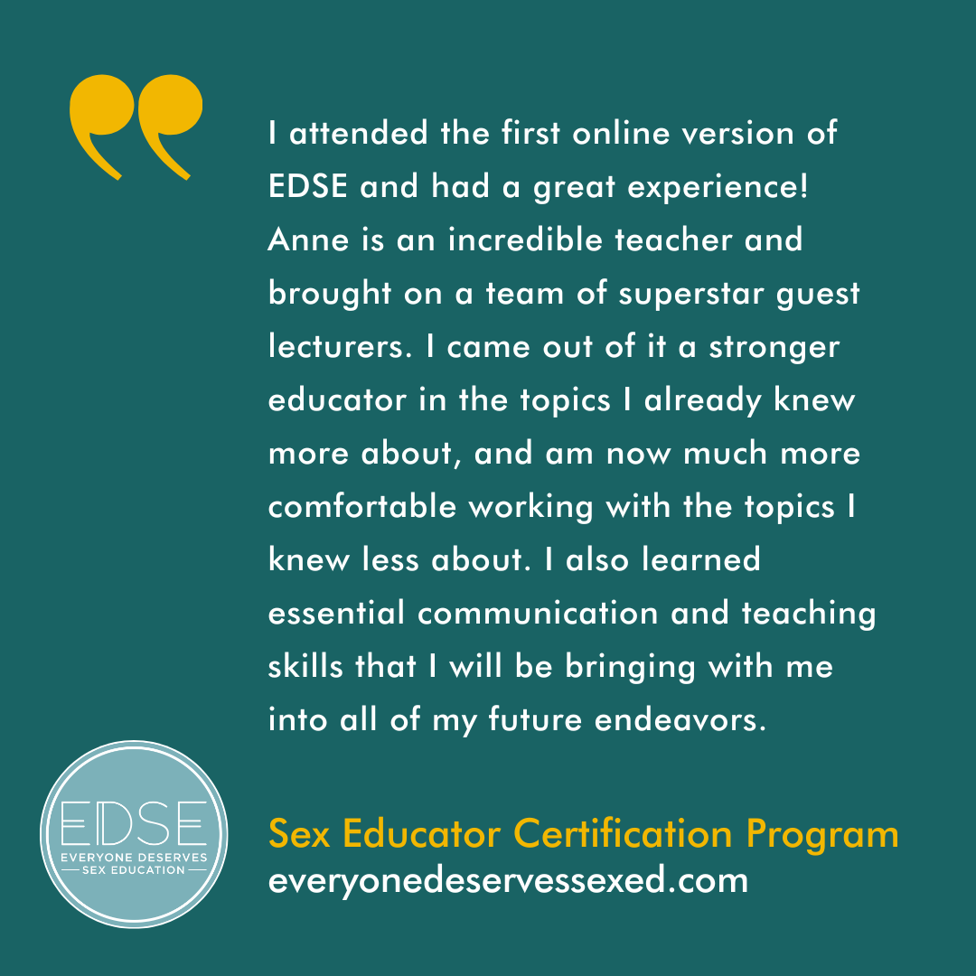  A testimonial that reads, “I attended the first online version of EDSE and had a great experience! Anne is an incredible teacher and brought on a team of superstar guest lecturers. I came out of it a stronger educator in the topics I already knew mo