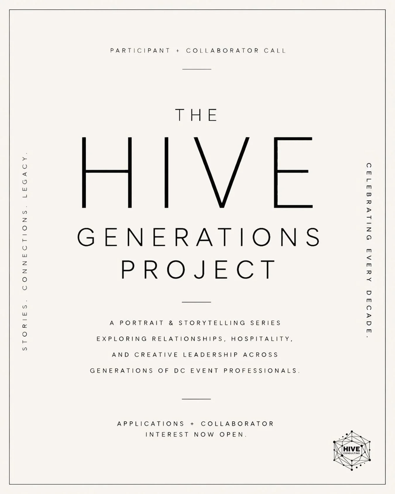 Call for DC Hospitality Participants + Collaborators

Introducing The HIVE Generations Project, an editorial portrait and storytelling series bringing together professionals across the DC hospitality and events industry for conversation, collaboratio
