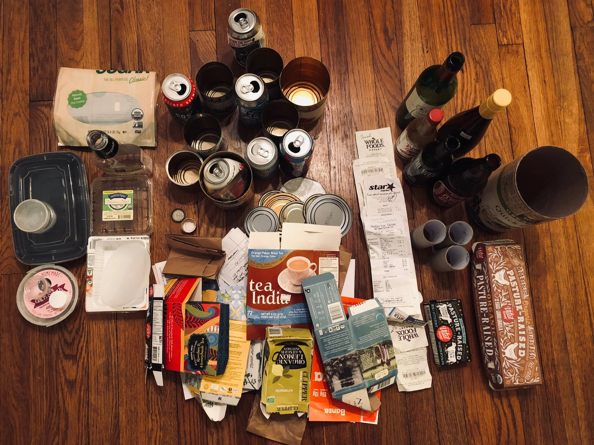 Photo from my most recent recycling bin audit (at-home recyclable waste produce over span of 2-weeks).