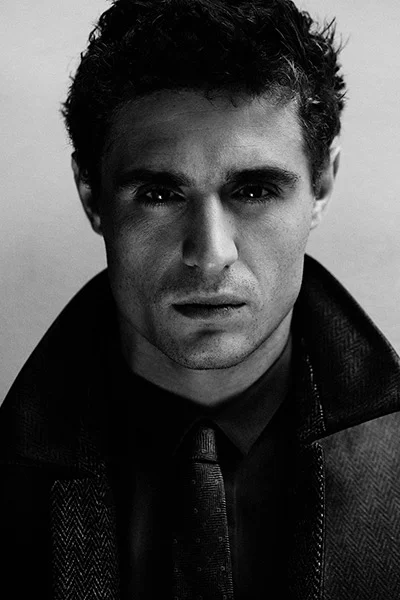 Max Irons styled by Jessica Margolis for Interview Magazine, black and white portrait