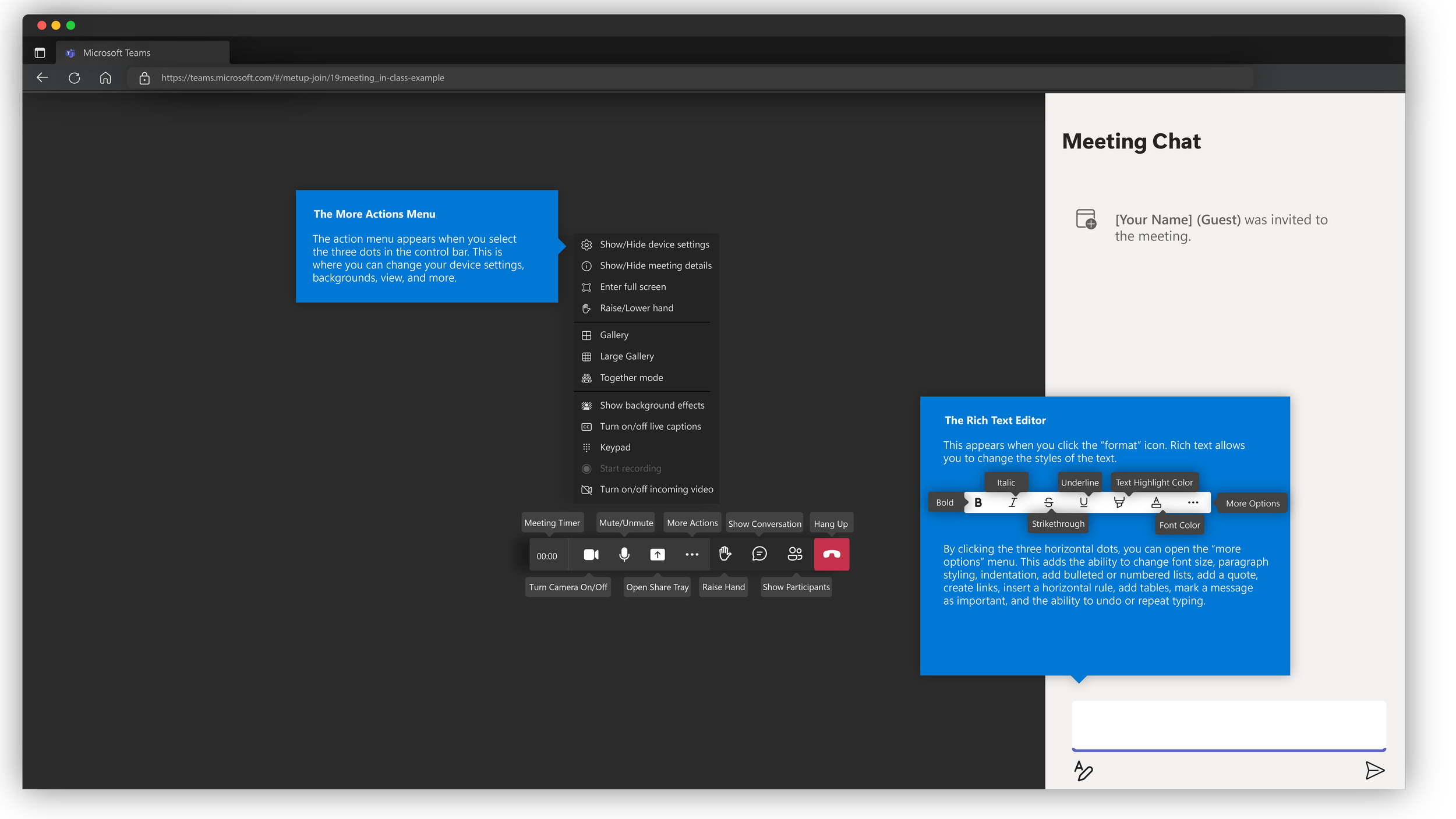 Microsoft Teams Web Browser Guest User Interface with labels and explanations as of July 2022.