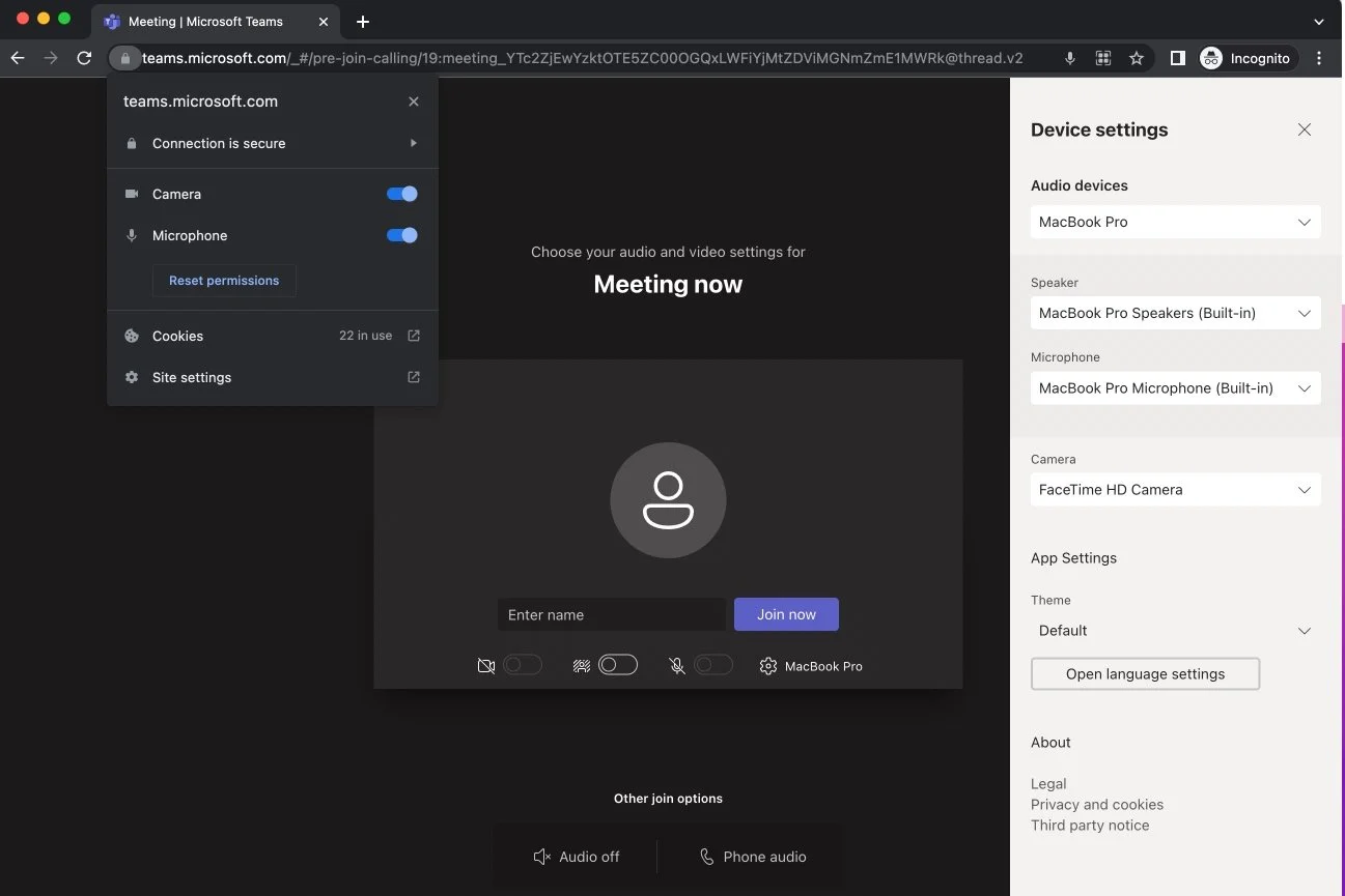 This picture depicts how a Google Chrome incognito window will look on the final screen before entering a meeting in a browsing window in July 2022 on Chrome for Mac OS (12.4).