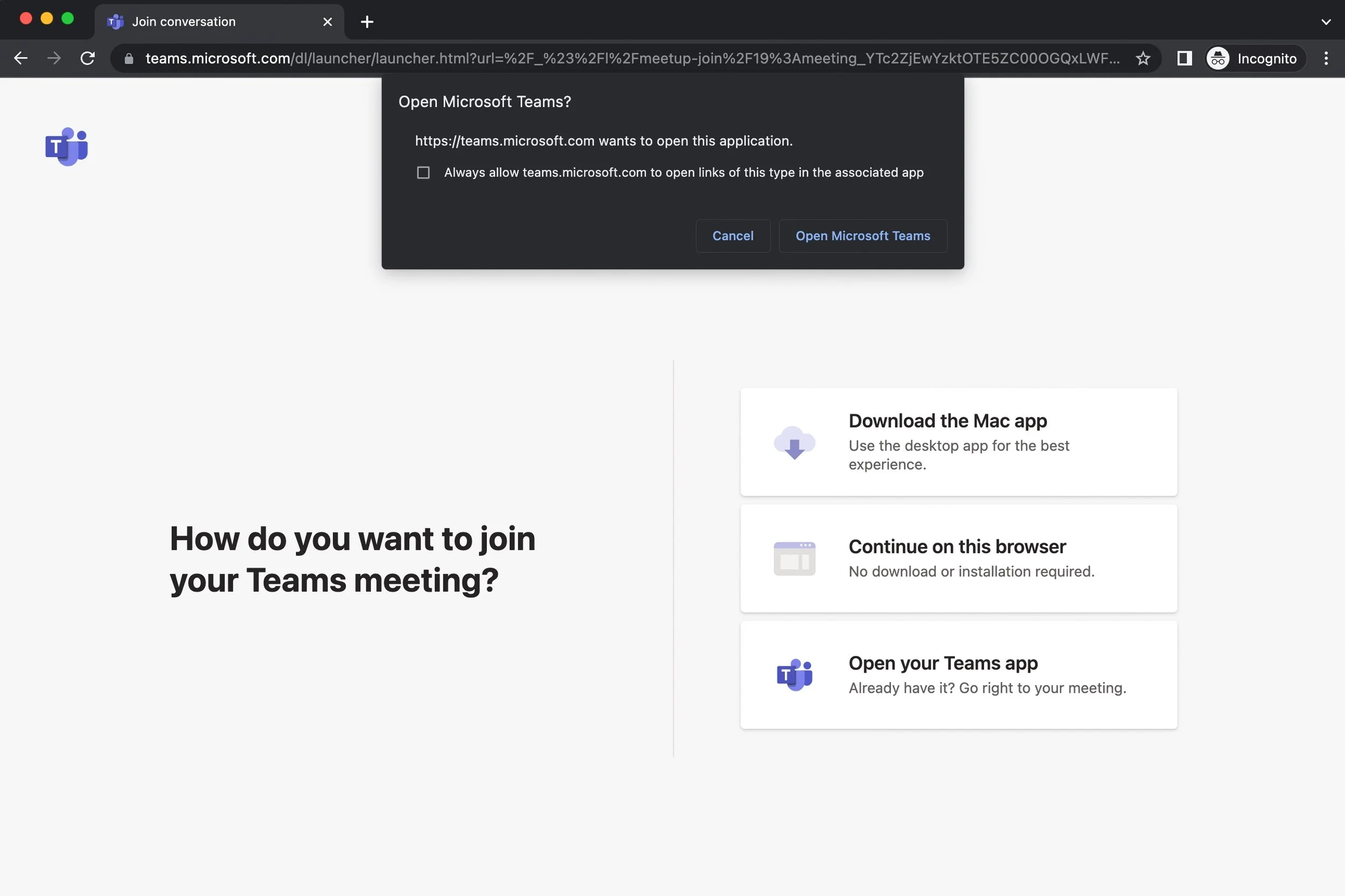 This picture depicts how a Google Chrome incognito window will look when trying to join a Microsoft Teams meeting in a private browsing window in July 2022 on Chrome for Mac OS (12.4).