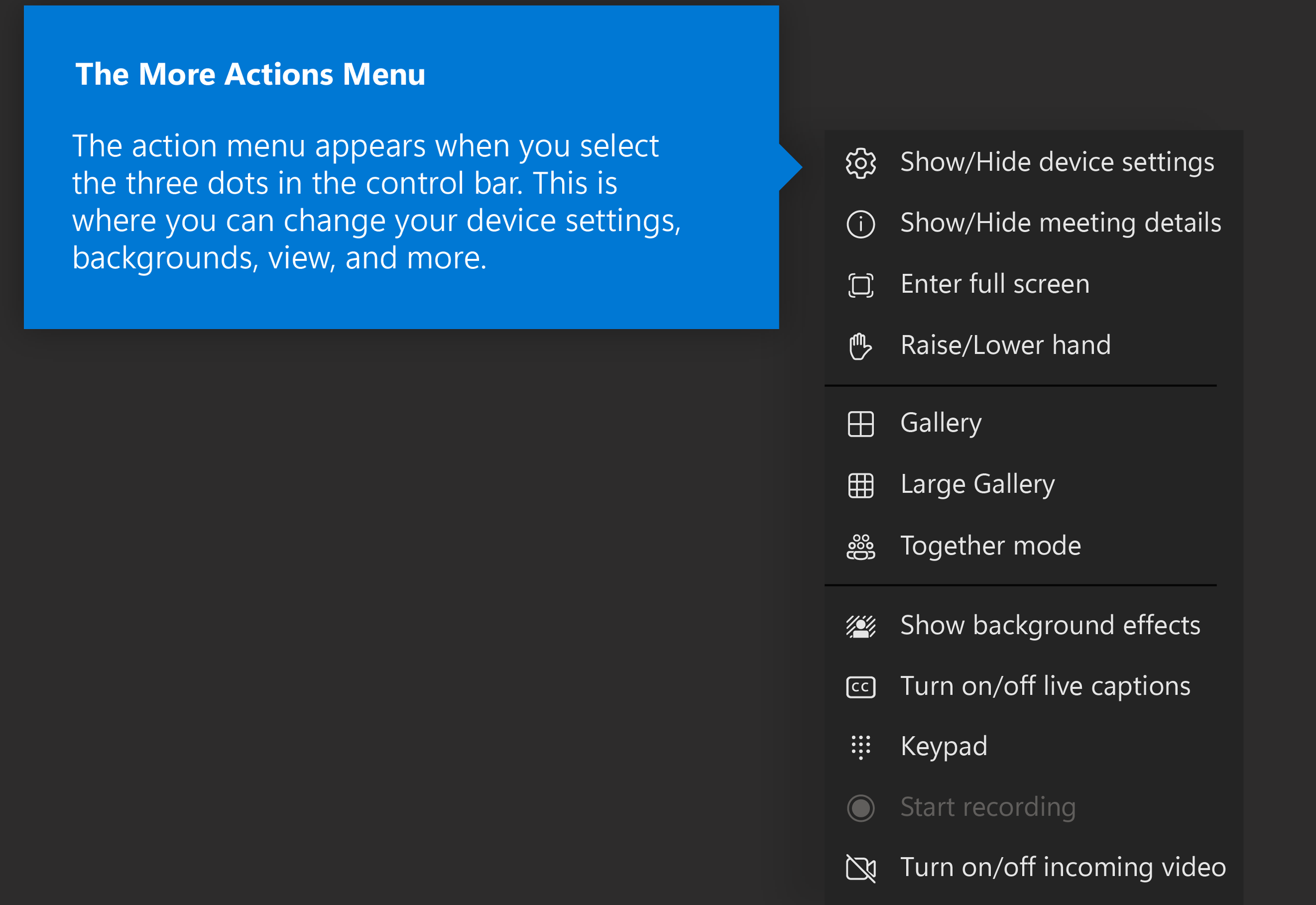 The more actions menu for the Microsoft Teams browser version as of July 2022 with labels. Menu described in the paragraph below.