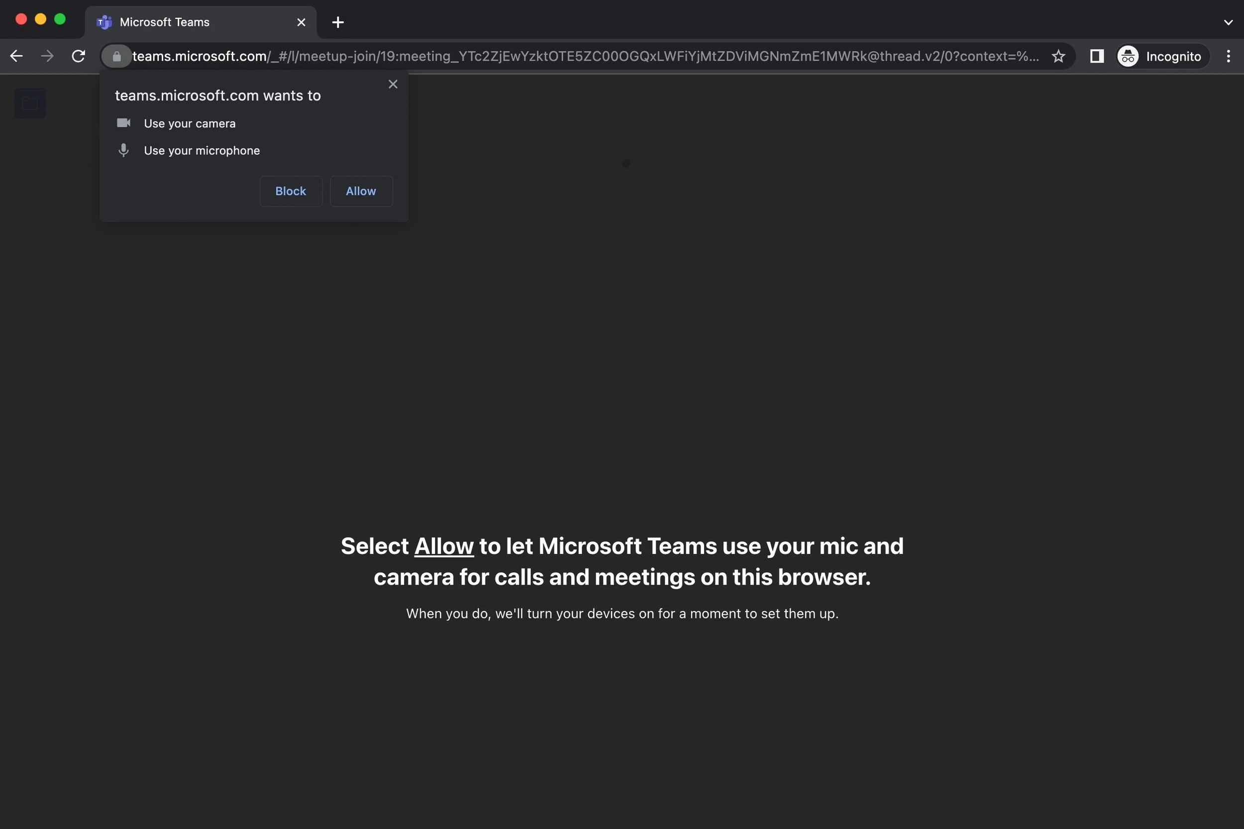 This picture depicts how a Google Chrome incognito window will look when prompting you to allow teams.microsoft.com to use your microphone and camera in a browsing window in July 2022 on Edge for Mac OS (12.4).