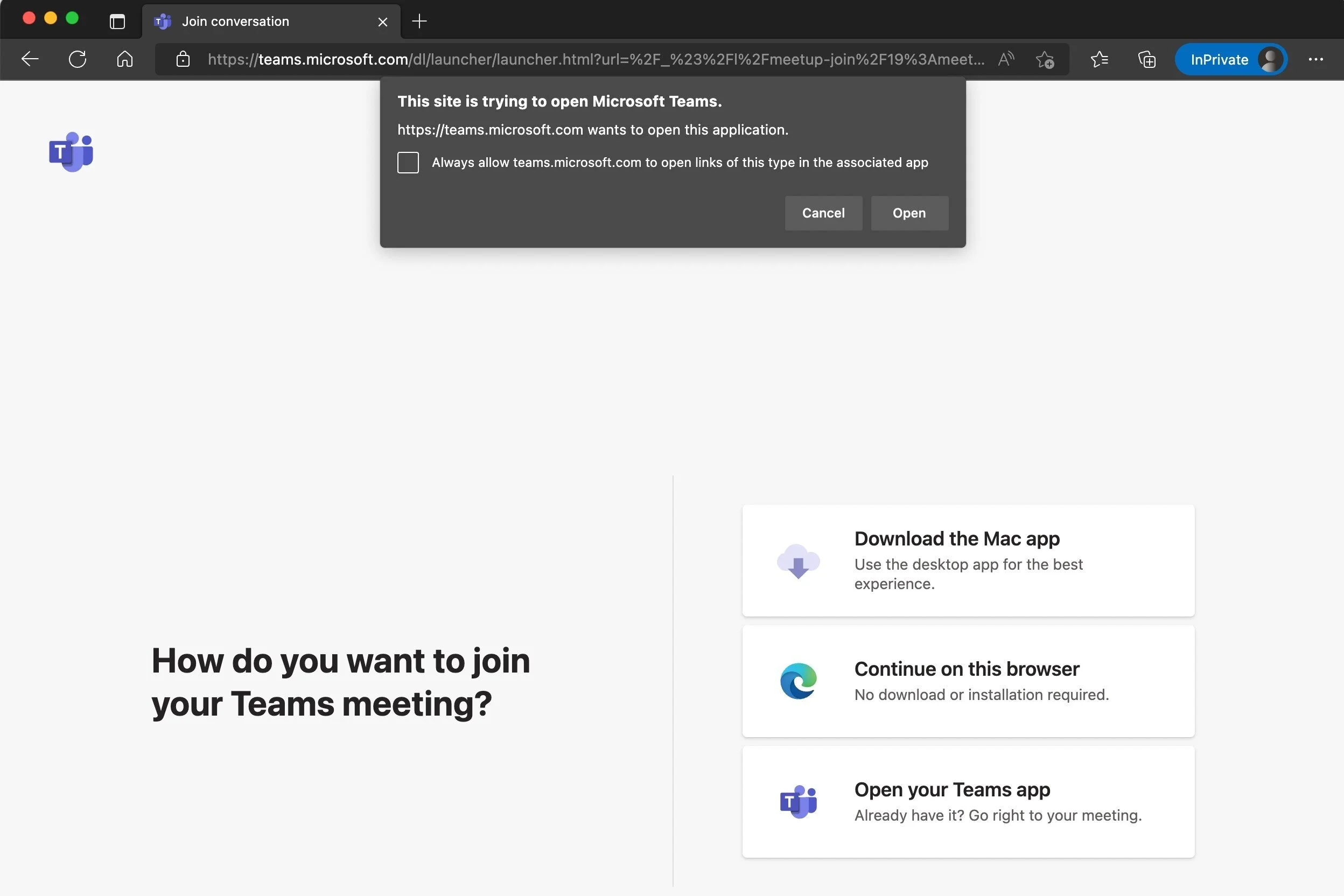 This picture depicts how a Microsoft Edge InPrivate window will look when trying to join a Microsoft Teams meeting in a browsing window in July 2022 on Edge for Mac OS (12.4).