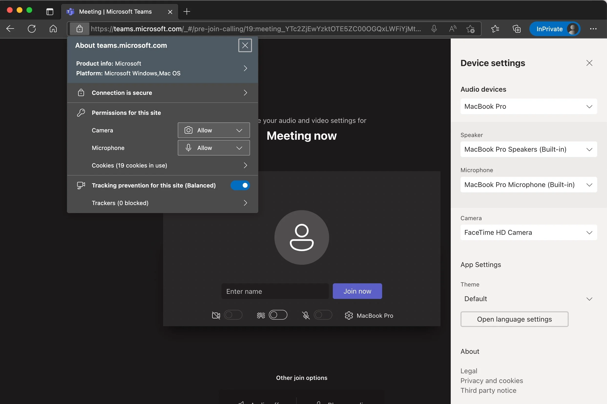 This picture depicts how a Microsoft Edge InPrivate window will look on the final screen before entering a meeting in a browsing window in July 2022 on Edge for Mac OS (12.4).