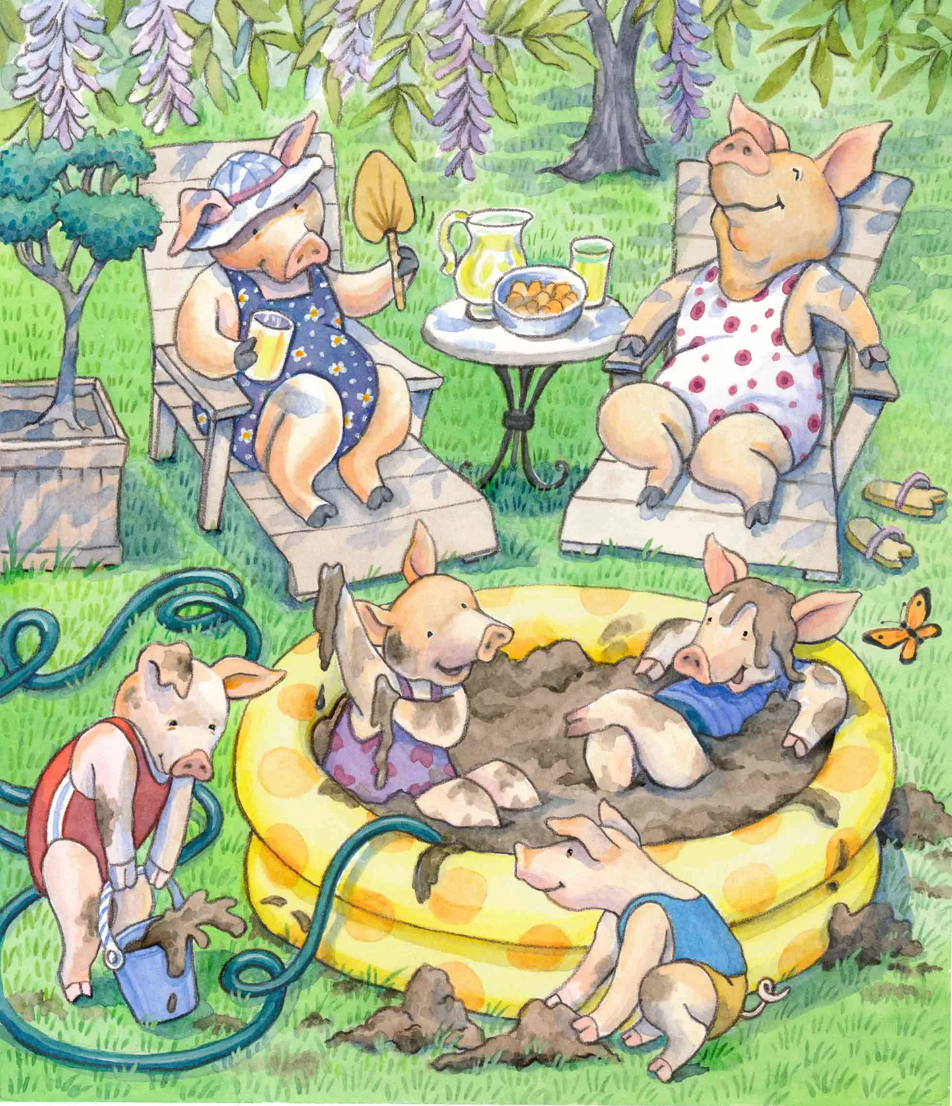 Pigs enjoying a mud bath in a kiddie pool
