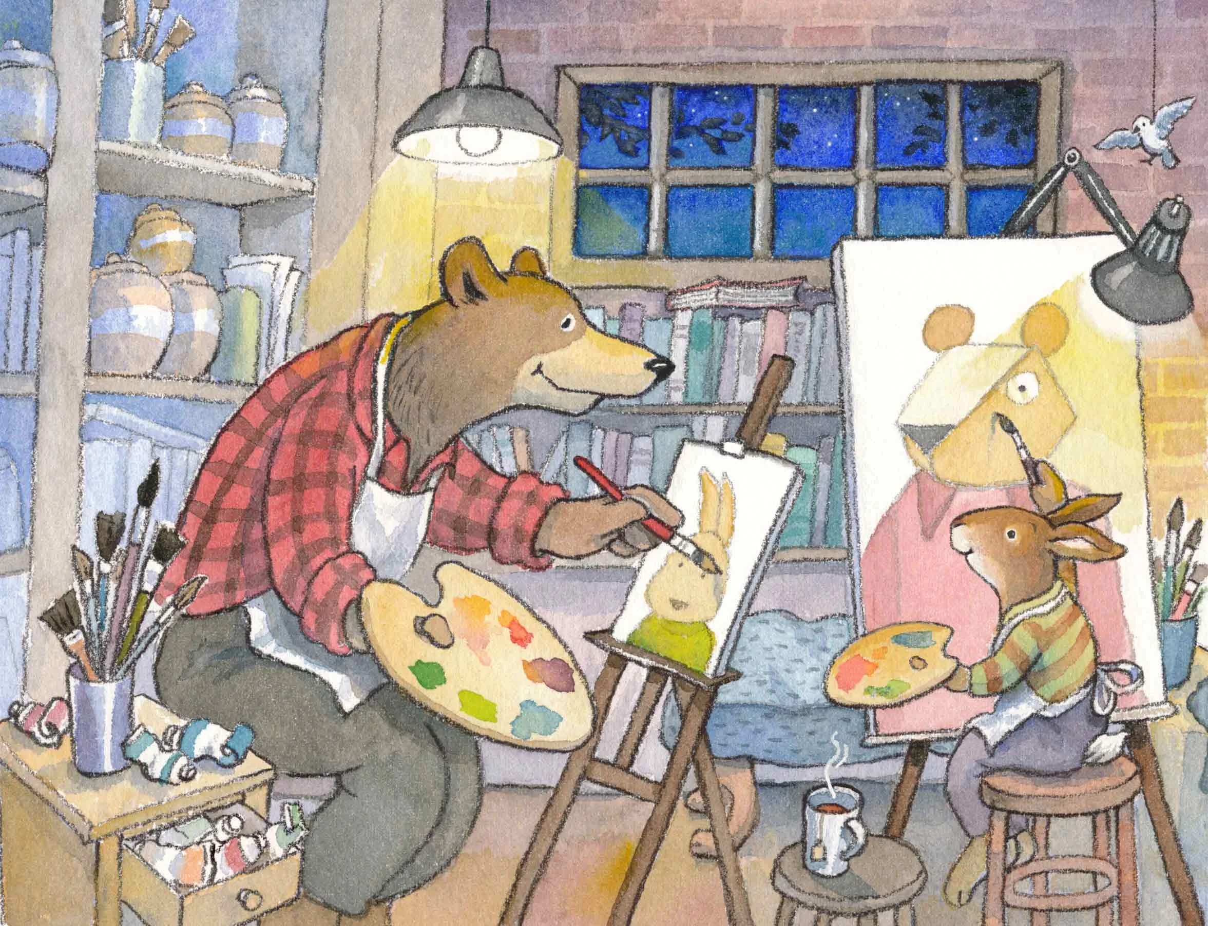 Bear and Rabbit painting in a studio
