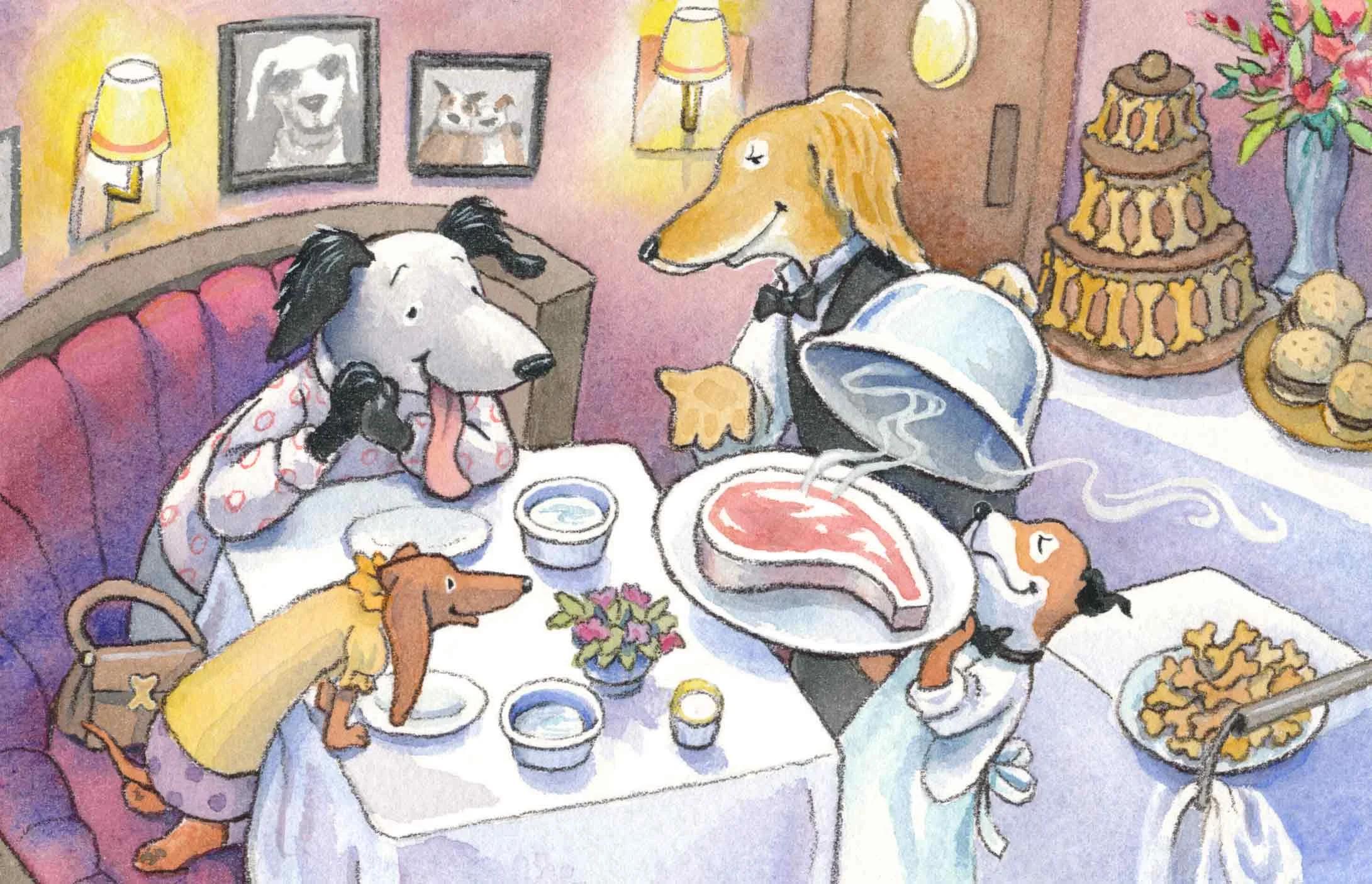 Dogs eating at an elegant restaurant