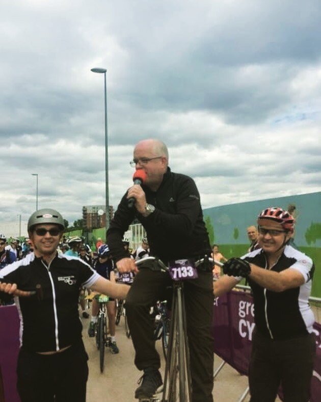 A fun memory from 6 years ago at the Great Manchester Cycle. Speaking from an &lsquo;Ordinary&rsquo; at the start of the event. Great fun. A little wobbly! Thanks Phil Lowe for the original picture. #speaking #commentary