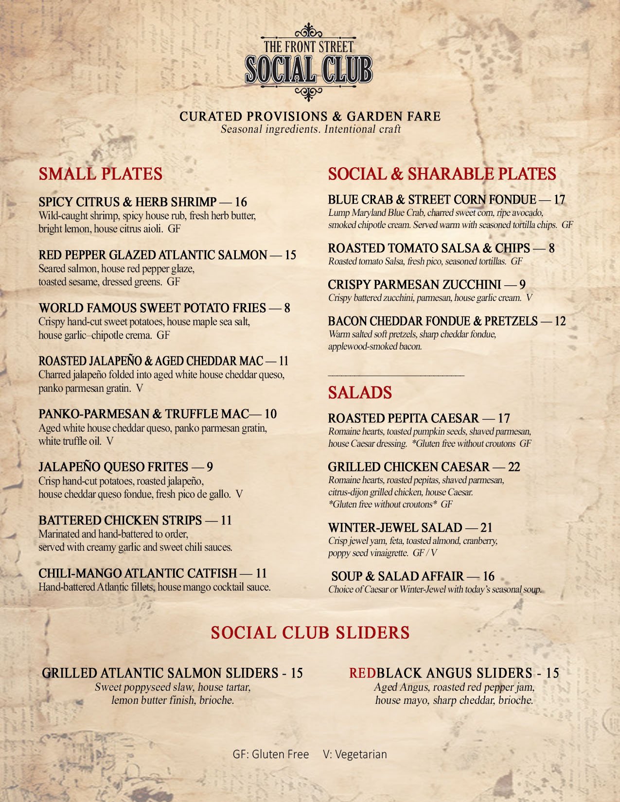 Front Street Social Club small plates menu featuring shrimp, salmon, mac and cheese, fondue, sliders, salads, and sharable appetizers.