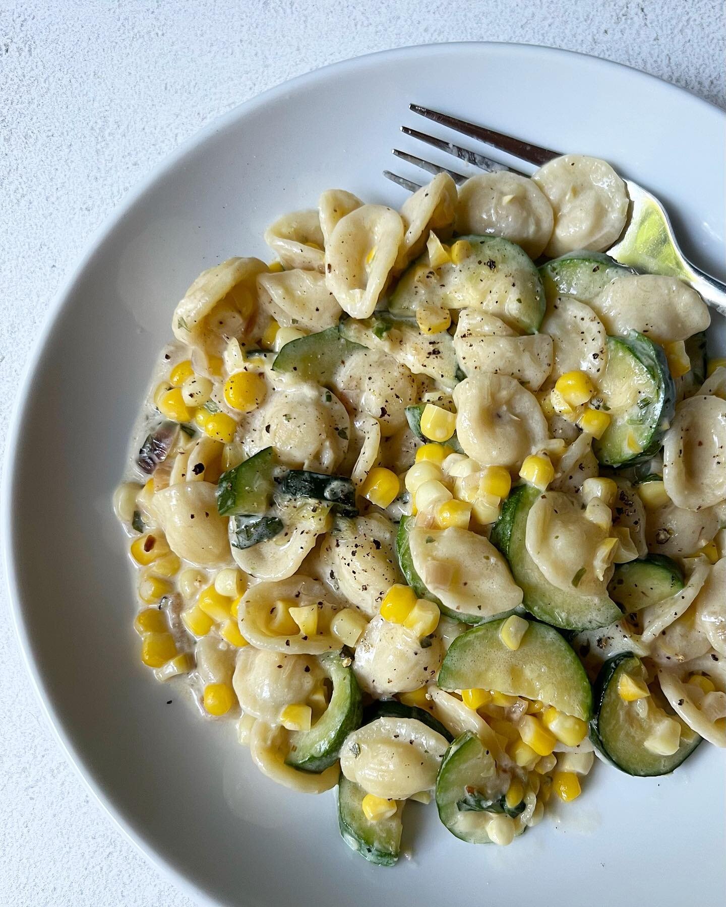 Zucchini and corn (which we like to pronounce &ldquo;kern&rdquo;)&mdash;such a great late-summer combo. I saw someone on IG post something about putting the two with orecchiette and mascarpone and basil. (Sorry! I don&rsquo;t remember who posted and 