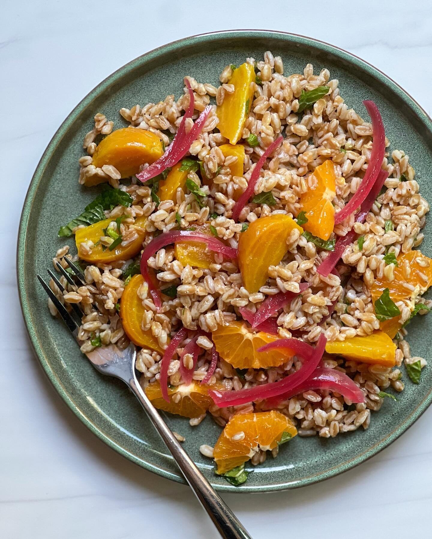 My current favorite spring combo is great for A Whole Day for Whole Grains. I toss farro with roasted baby gold beets, pixie tangerines, pickled red onions, and lots of fresh mint. Dressing is a simple lemon-olive oil-Dijon thingie. Stores well for t