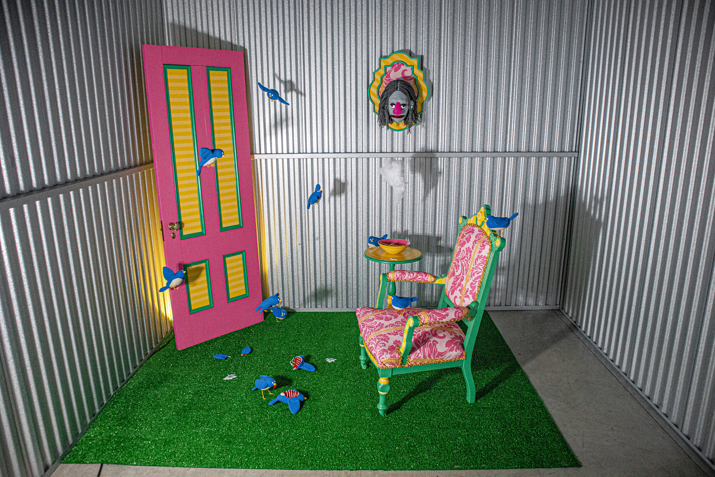  Day Dream  acrylic paint, latex paint, foam, fleece, felt, clay, wire, door, side table, bowl, mounting board, floral tape, cloth, rug, water, gold leaf, led lights, fishing wire, stuffing, yarn, glass door knob, 10' x 9' x 6', 2019 