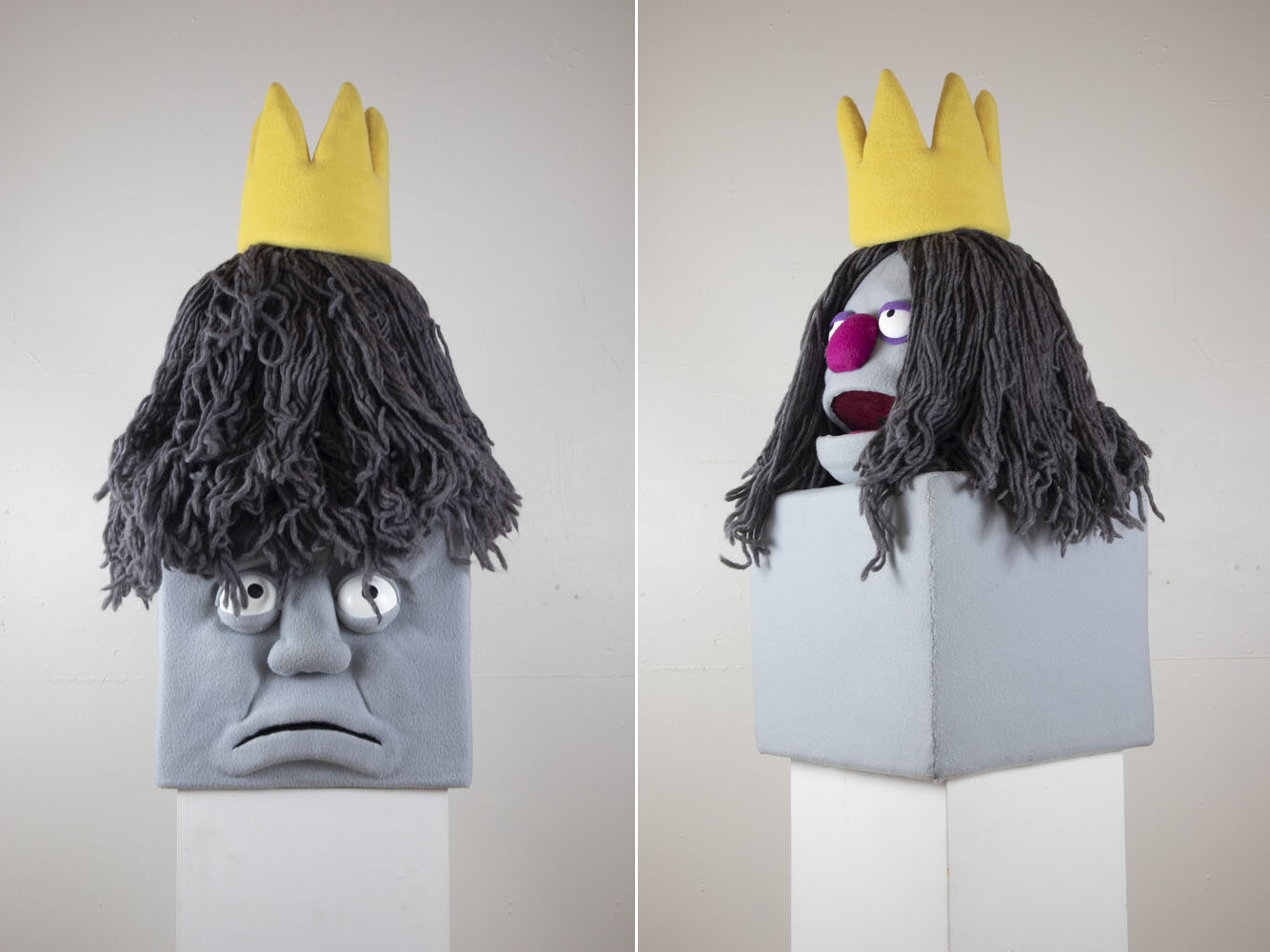  Two Headed King  fleece, felt, foam, yarn, clay, wood, styrofoam, 45”x20”x20”2018   