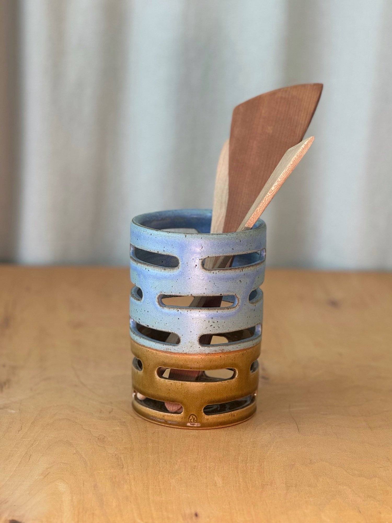 Utensil Crock - Denim Blue + Brown