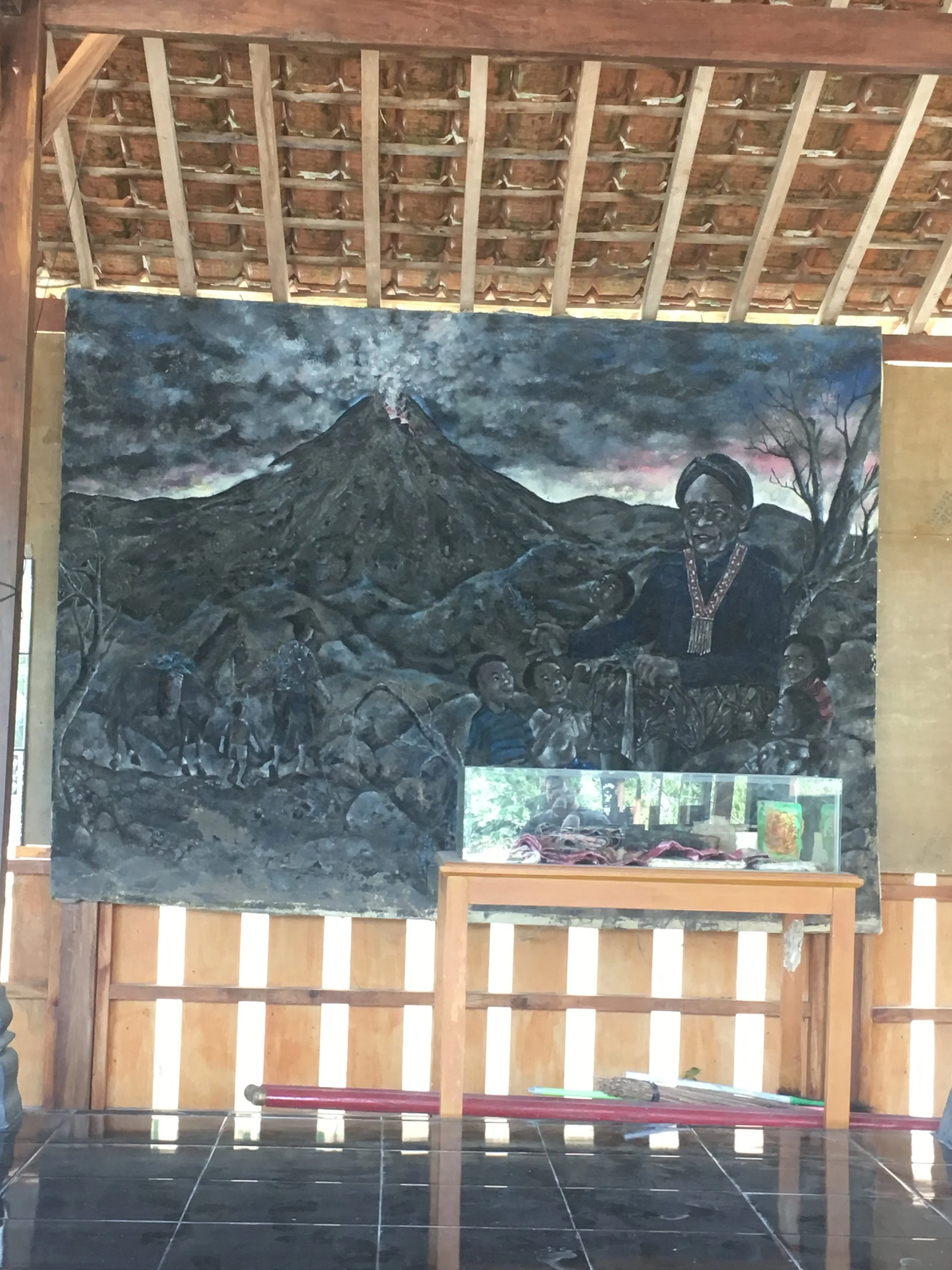  This painting depicts the Guardian of the mountain before the eruption.  