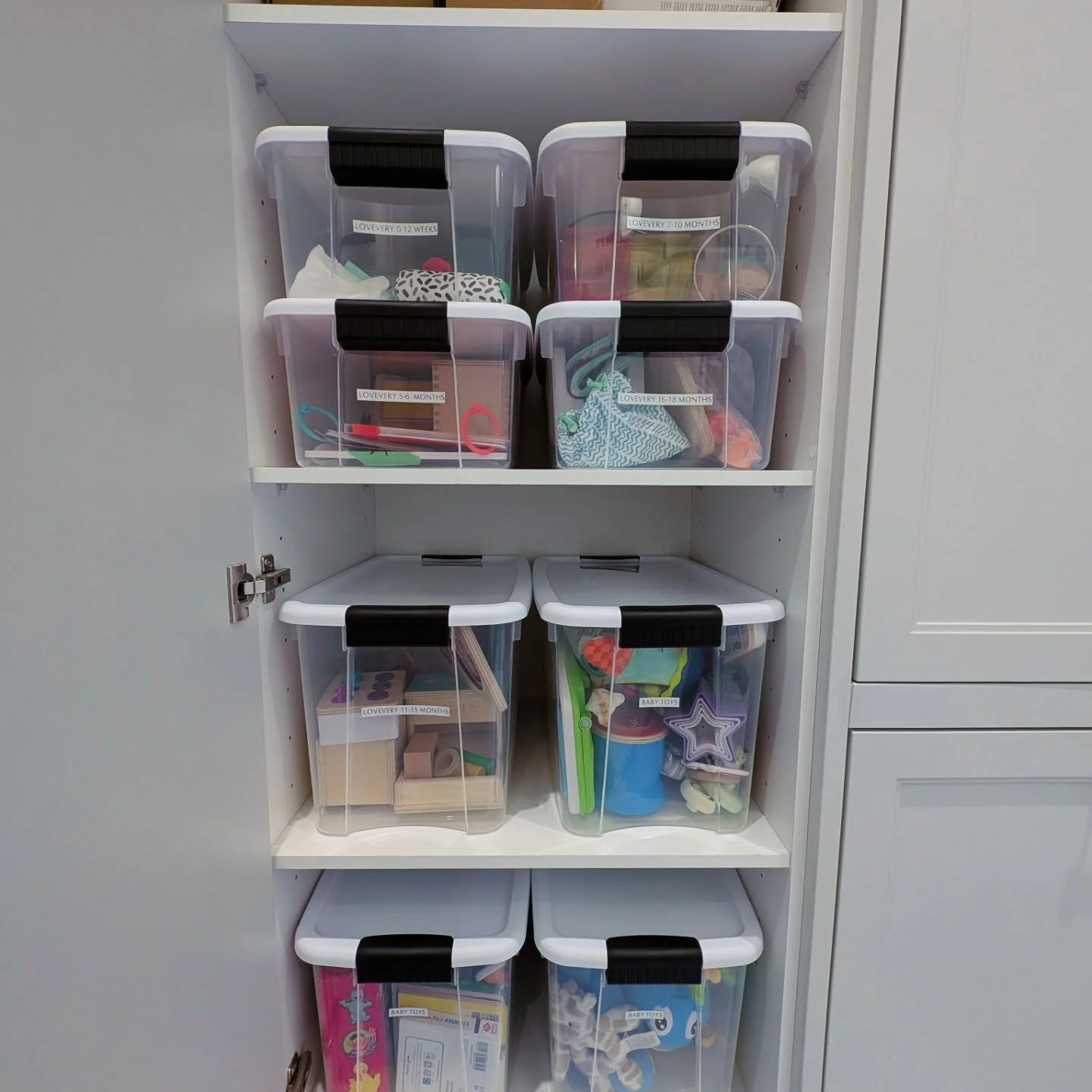 I'm not always a fan of clear bins but it just works here for this toy storage cupboard. 👌🏽

 @lovevery toys are amongst some of my favorites when it comes to creative and educational toys for kids. 

We removed the toys from their original packagi