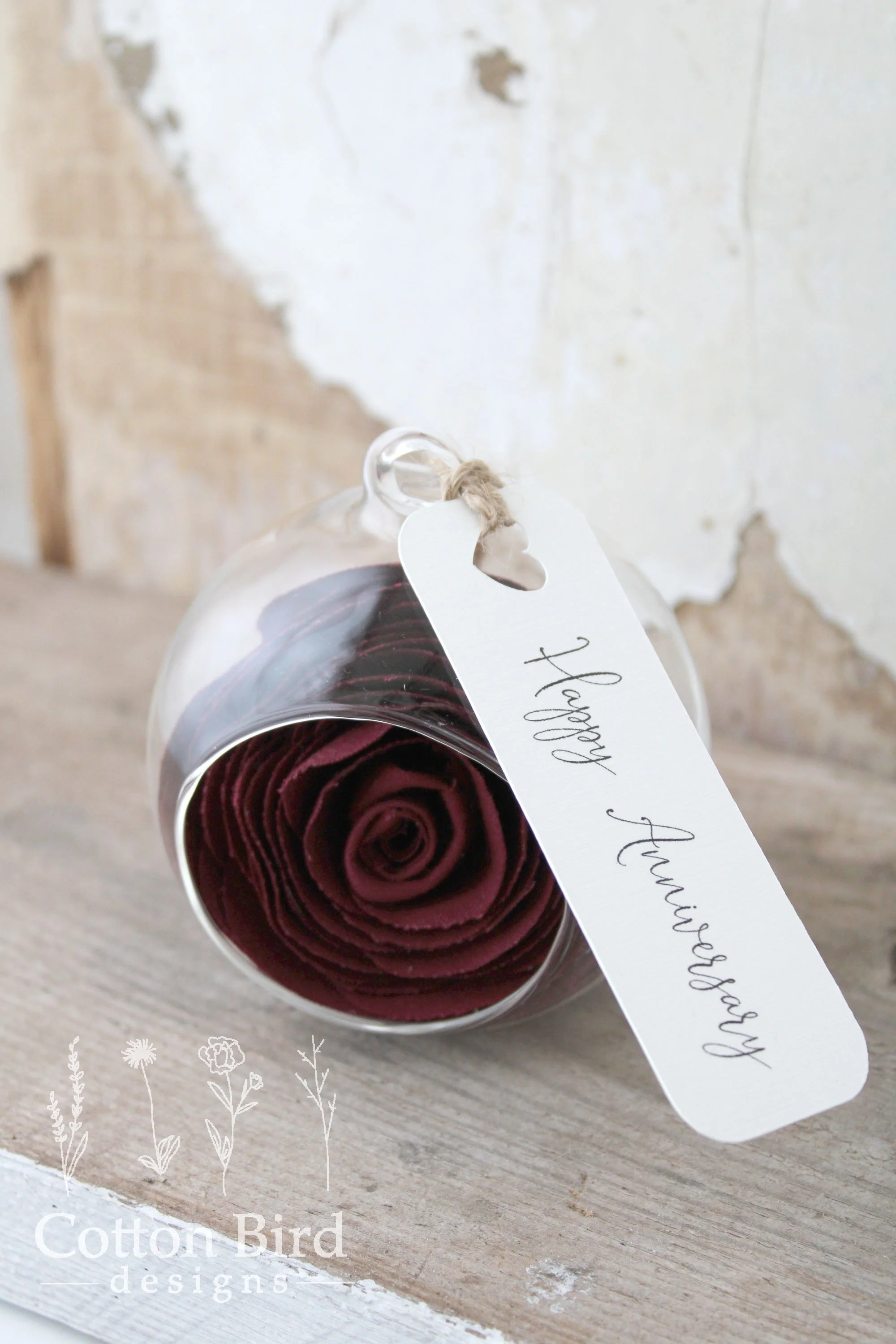 Burgundy Cotton Rose in Glass Globe