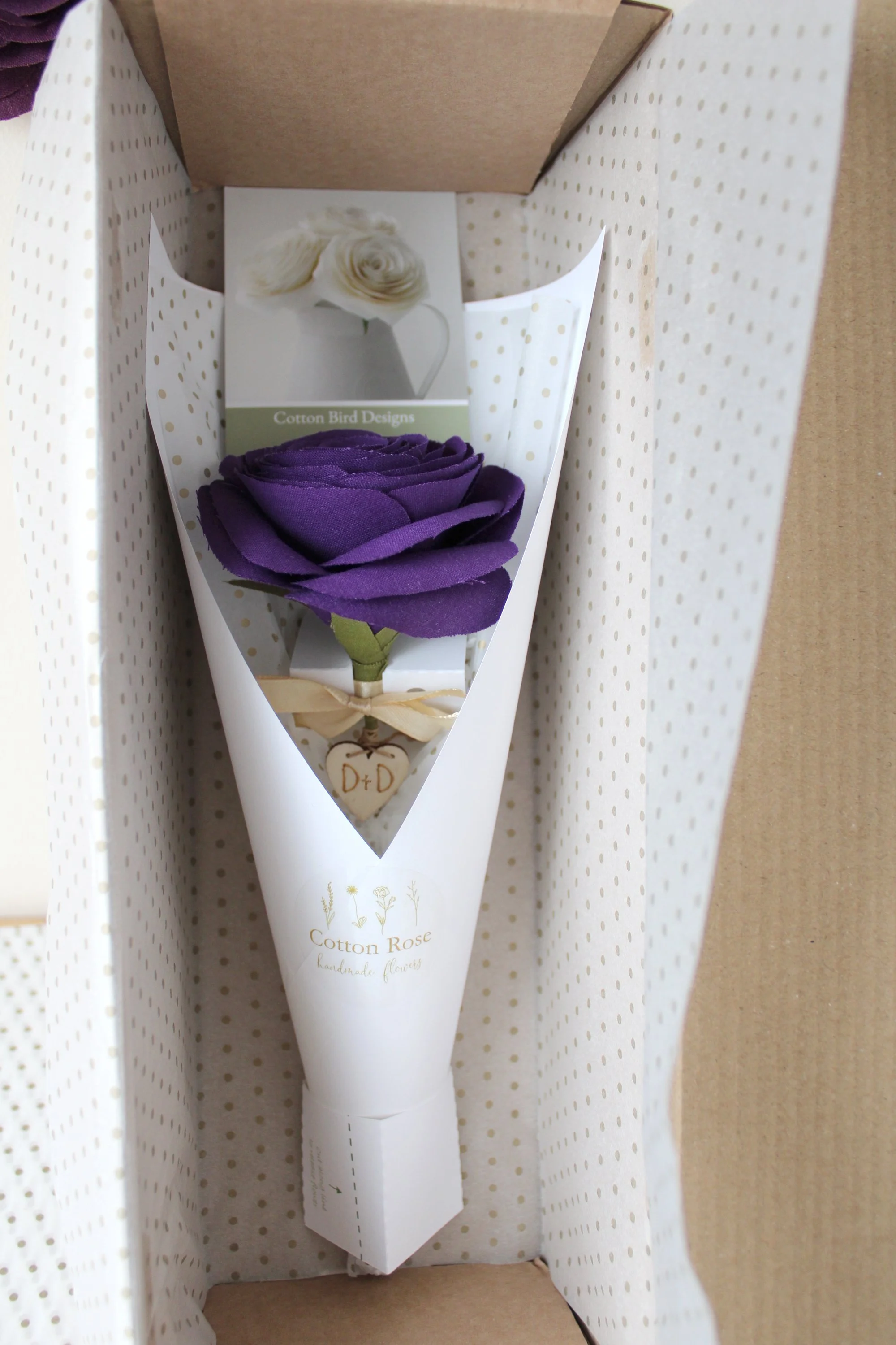 2nd Wedding Anniversary Gift, Purple Long stem flower, Gift wrapped, Add Personalised wood heart