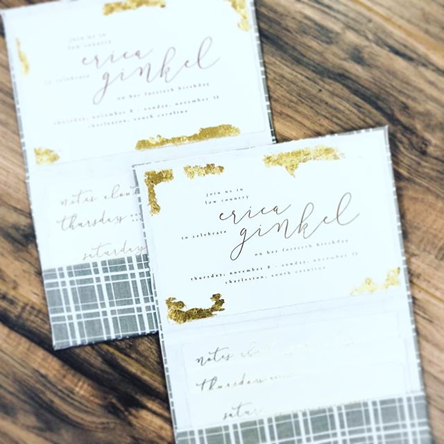 ...custom fabric paired with gold foil and torn edges...what a way to invites best friends to a fabulous birthday weekend!