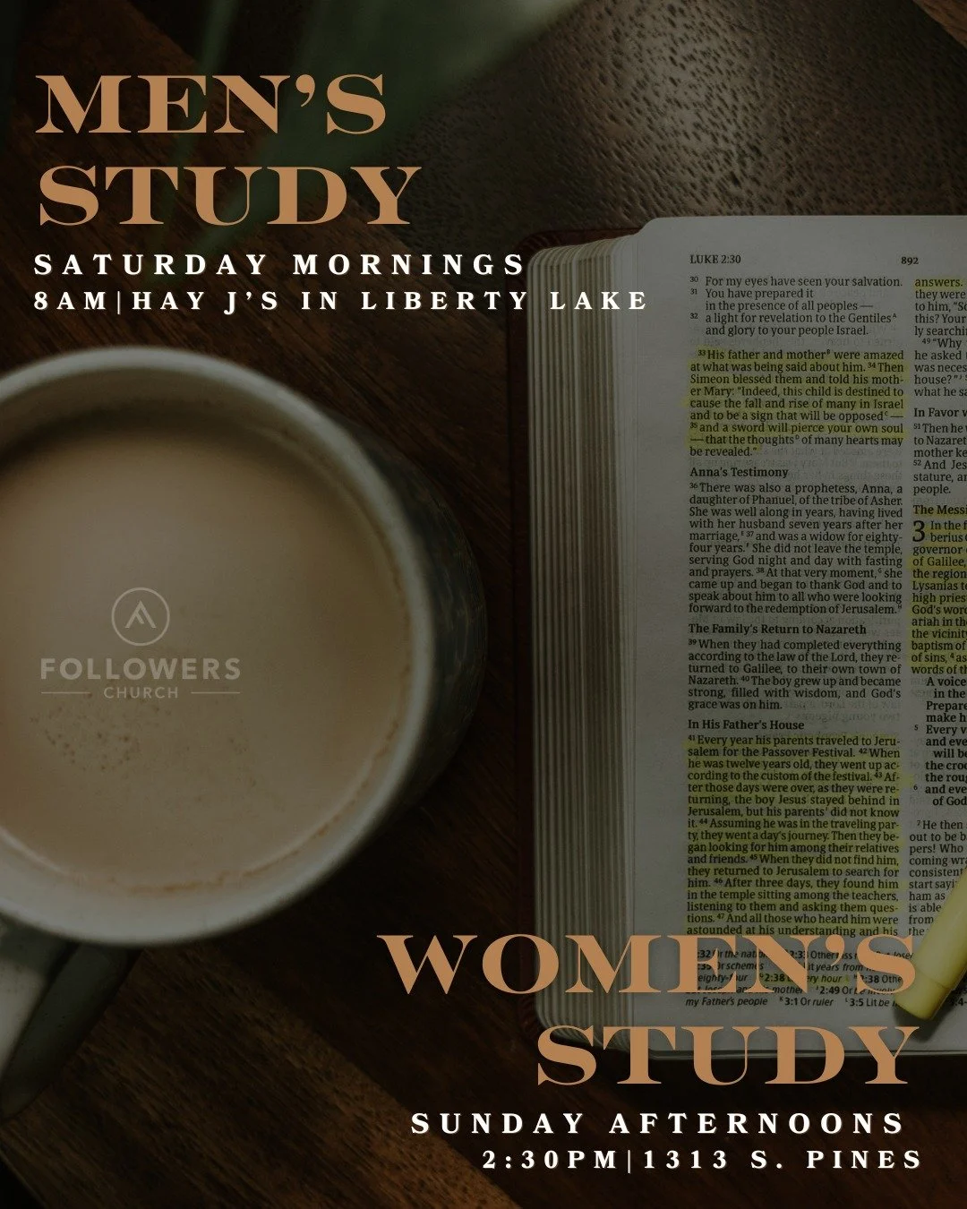 Looking to join a group that meets on the weekends?! We gotchu! 

The Men's Study meets Saturday mornings at 8am at Hay Jay's in Liberty Lake and the Women's Study meets on Sunday afternoons at 2:30pm at the church! You a  join either of these groups