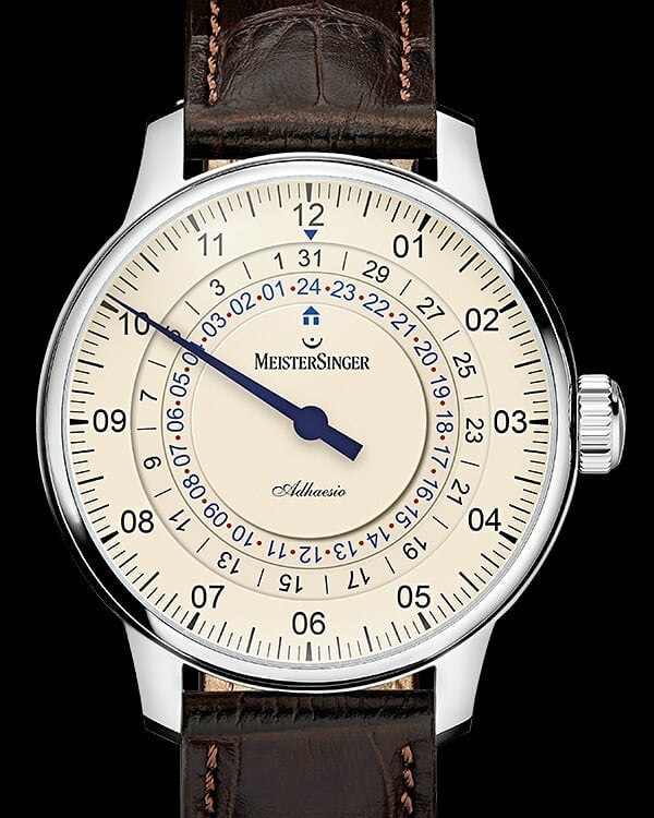 Not enough hype for this cool one hander GMT piece from Meistersinger. Surely, a unique approach to GMT is to align 2 time zones and a calendar with a single hand. 
While discs, rings and bezels have been used many times in world time and GMT complic