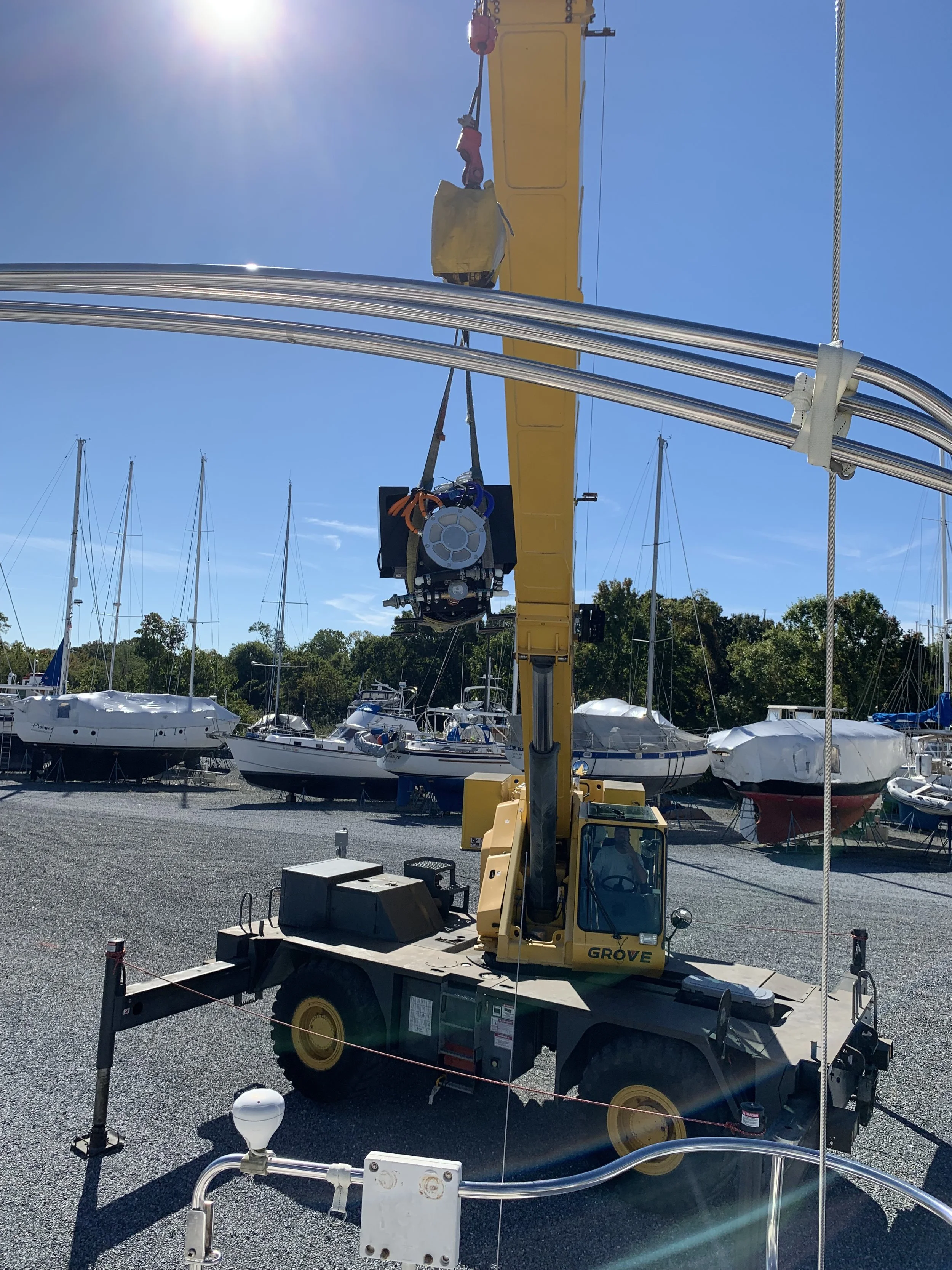 The crane delivers the large Electric Yacht 30kW drive.