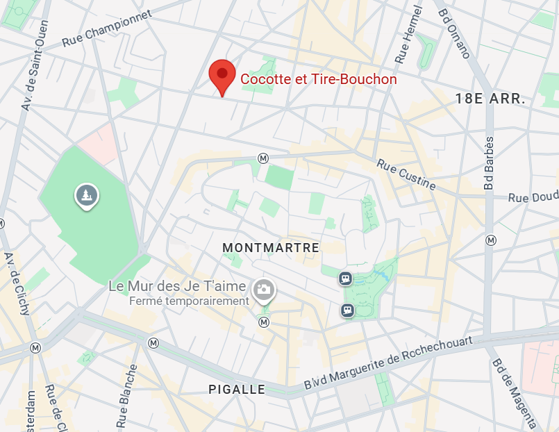 Carte de Paris mettant en évidence le restaurant Cocotte et Tire-Bouchon dans le quartier de Montmartre.