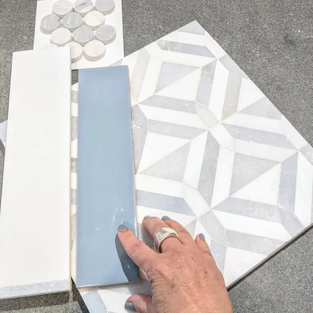 When your nail polish matches your presentation. 
Just presented the design for a fresh primary bath renovation.  Perfect for unwinding at the end of the day. 
Can't wait to see it come to life. #designpresentation #primarybathroom  #bathroomdesign #