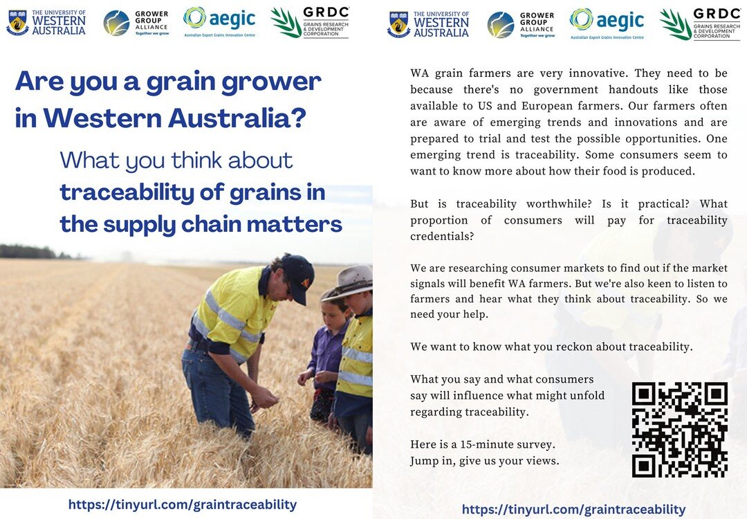 📣🌾 Calling all grain growers in WA

What do you think about traceability of grains in the supply chain? 

Researchers at The University of Western Australia (UWA), including PhD candidate Emanuel Gomez, aim to identify the drivers and barriers unde