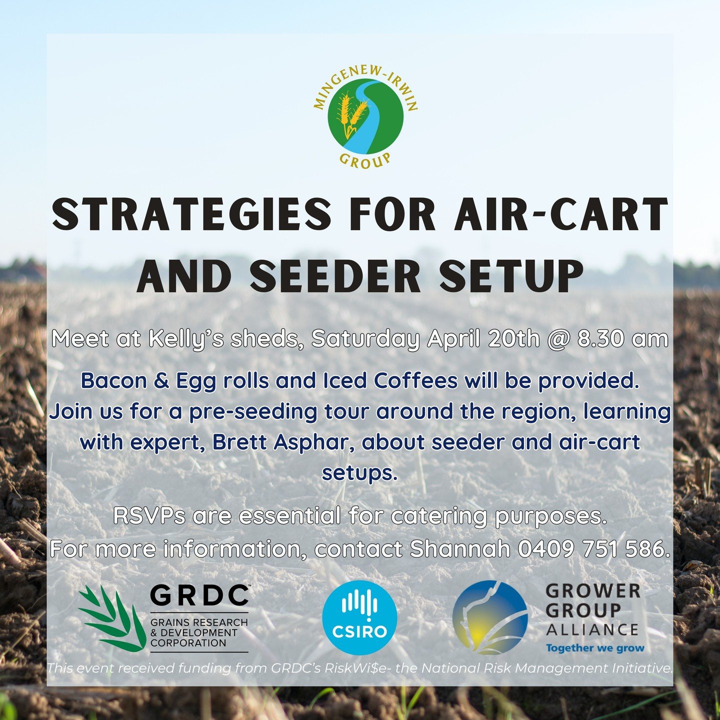 🌱Join us this Saturday🌱to learn more about strategies for air-cart and seeder setups with Brett Asphar. 

This is a casual educational session and an opportunity to ask questions, as well as see what others within the area are doing.

#RiskWise