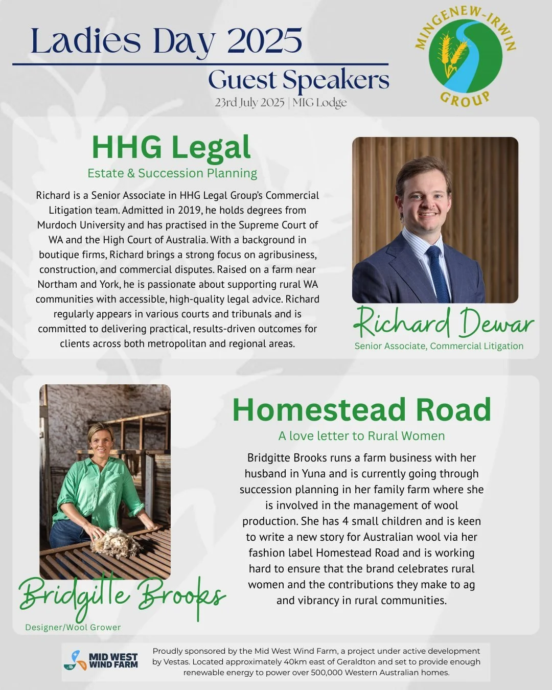 Get excited for MIG Ladies Day 2025!

We&rsquo;re excited to welcome a line-up of guest speakers to this year&rsquo;s event, including Bridgitte Brooks from @homesteadroad_au  and Richard Dewar from HHG Legal.

Wednesday, 23rd July 2025 | Mingenew-Ir