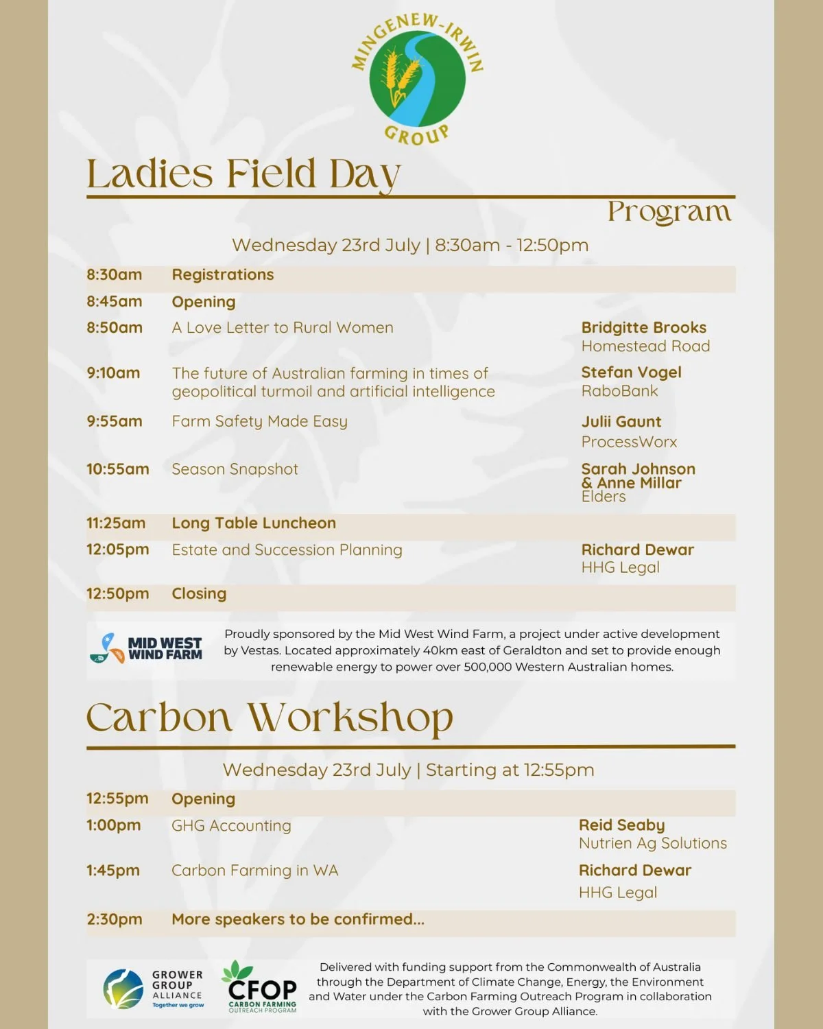 2025 Ladies Day &amp; Carbon Workshop 🌸🌱

We&rsquo;re excited to share the agenda for our much-loved Ladies Day, featuring a long table lunch and a fantastic line-up of guest speakers.

Members: Free
Non-Members: $40 + GST
Tickets available here: h