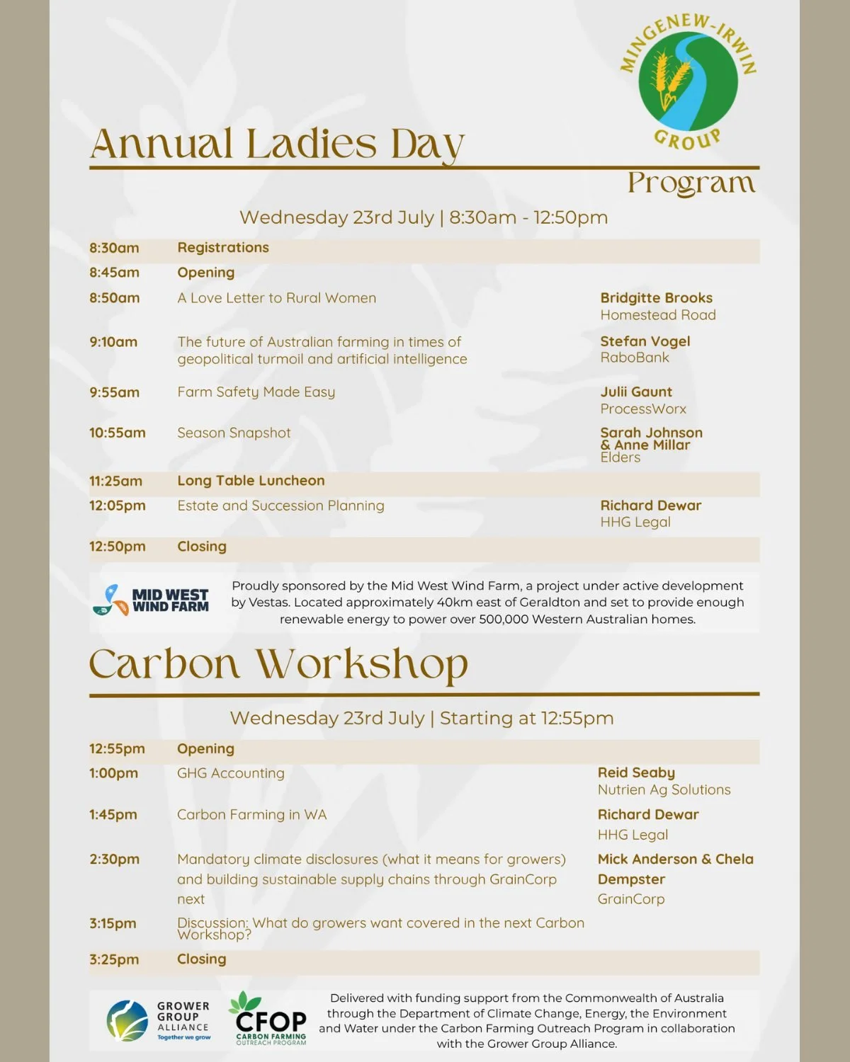 Updated Agenda!

2025 Ladies Day &amp; Carbon Workshop 🌸🌱

We&rsquo;re excited to share the agenda for our much-loved Ladies Day, featuring a long table lunch and a fantastic line-up of guest speakers.

Members: Free
Non-Members: $40 + GST

Tickets