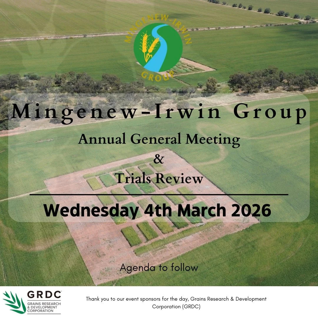 Save the Date for the Mingenew - Irwin Group's 2026 AGM &amp; Trials Review day.
📆 4th March 2026

More details to come.