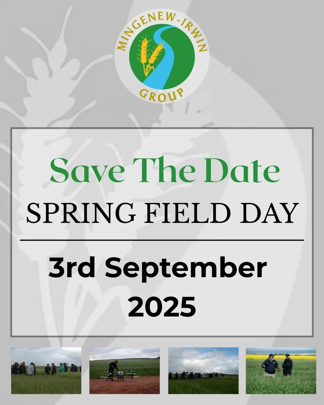 🌾Mingenew-Irwin Group SPRING FIELD DAY 🌾

Wednesday 3rd of September 2025

See you there!

More information to come.