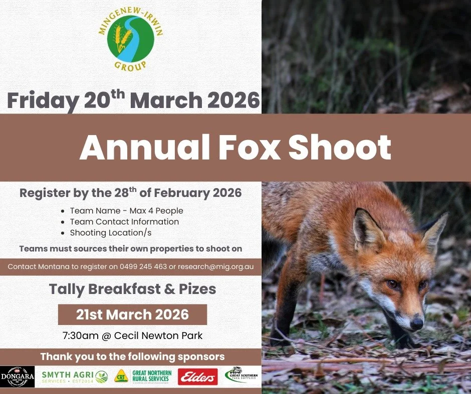🦊MIG&rsquo;s Annual Fox Shoot is back on Friday, March 20th! 🦊

Tally breakfast and prizes will be held at Cecil Newton Park on Saturday, March 21st at 7:30am. 

To register a team, please contact Montana by the 28th of February via research@mig.or