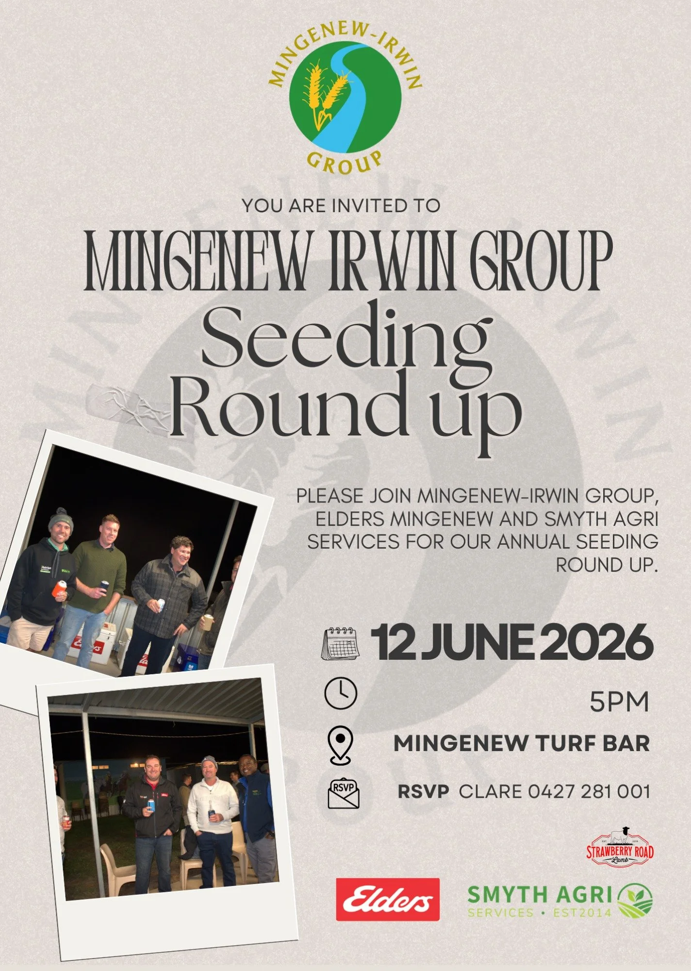 MIG 2026 SEEDING ROUND UP

Come join Mingenew - Irwin Group, Elders Mingenew &amp; Smyth Agri Services for the 2026 Seeding Round up.

📍 Mingenew Turf Bar
🕔 From 5:00pm
📅 Friday, 12th June 2026

Come along for a well earned catch up after seeding,