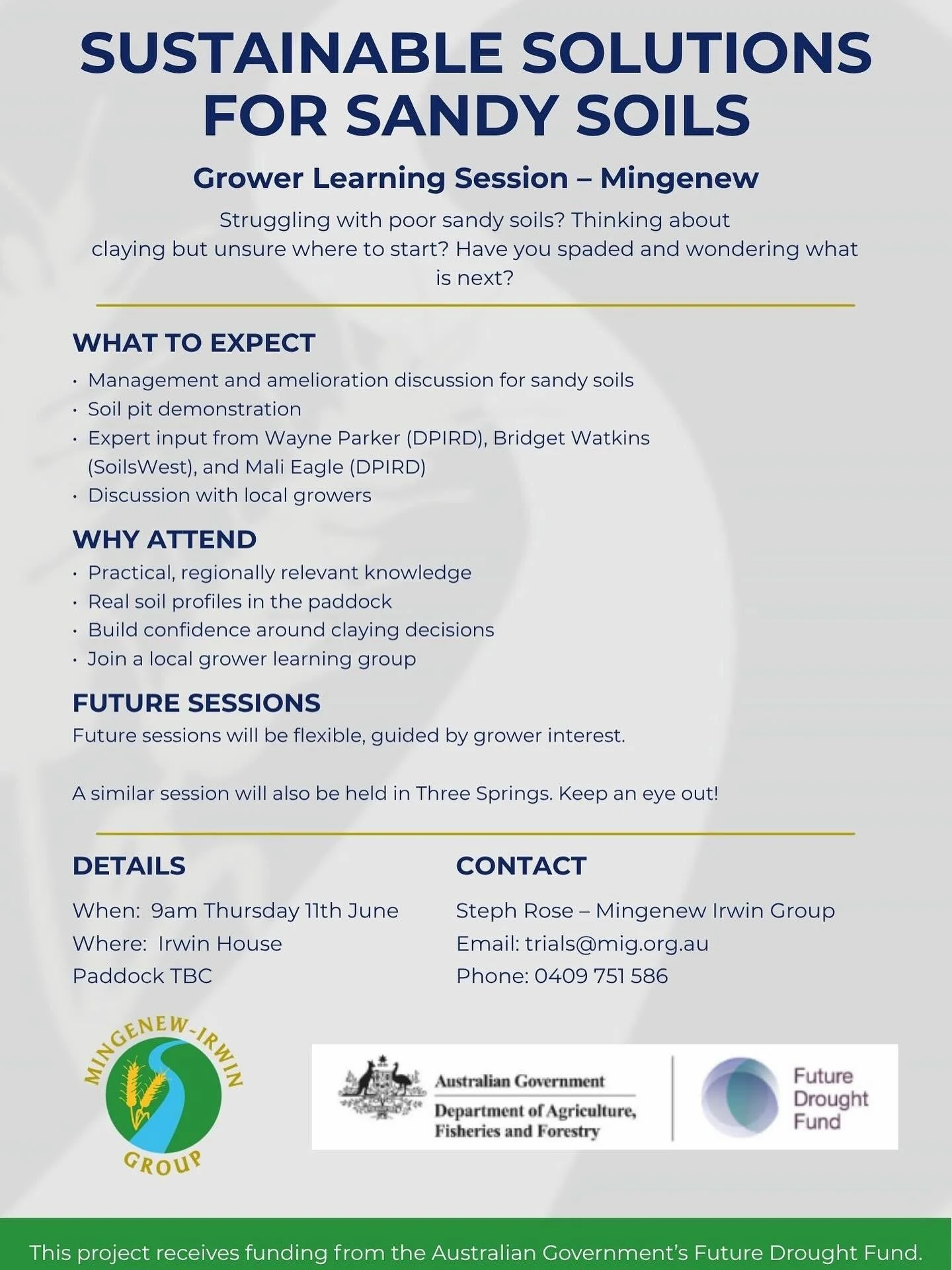 🌱 Sandy soils workshop &ndash; Mingenew
Practical tips, soil pits, and expert insights to help you make better decisions.
👉 First session in a 4-part grower series
📍 Also coming to Three Springs/Eneabba