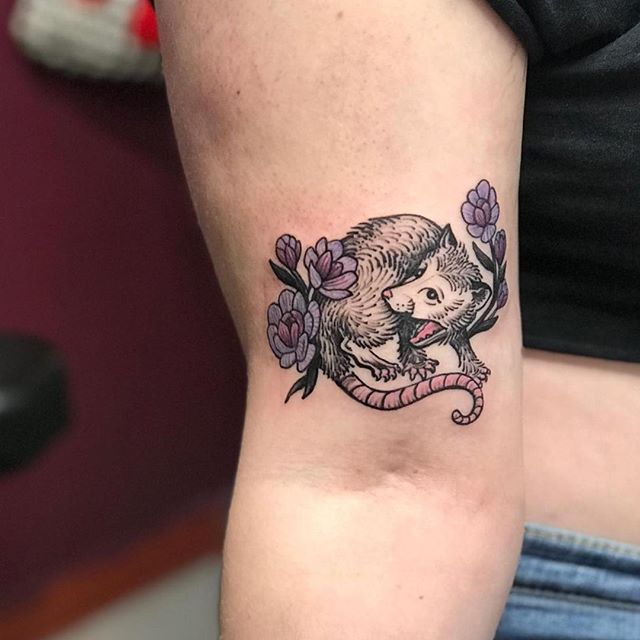 Summer lovin', happened so fast. Summer lovin', he scream at own ass. Really, who doesn't love a li'l screaming opossum? Melissa put this li'l guy together for a rad walk-in last Friday. 
Melissa Daye, True Love Tattoo &amp; Art Gallery, Seattle WA, 