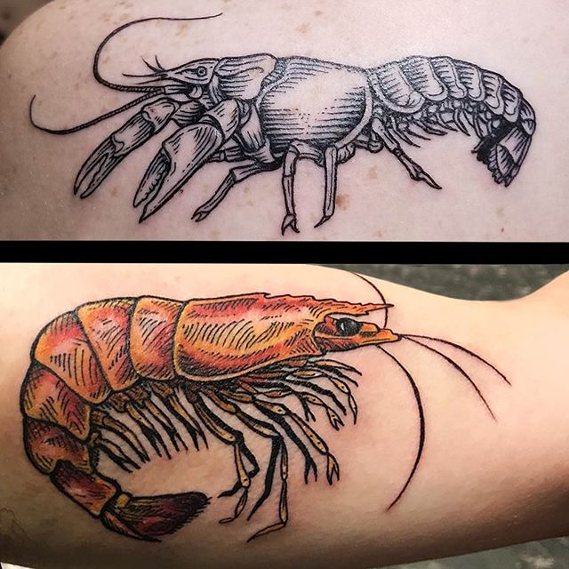 Jason and Melissa tattooed these awesome little coordinating crustaceans on a rad couple last week. ⁣
Jason Middelton @futurefires42 (top) &amp; Melissa Daye @melissa_daye(bottom), True Love Tattoo &amp; Art Gallery, Seattle WA. ⁣
...⁣
#JasonMiddelto