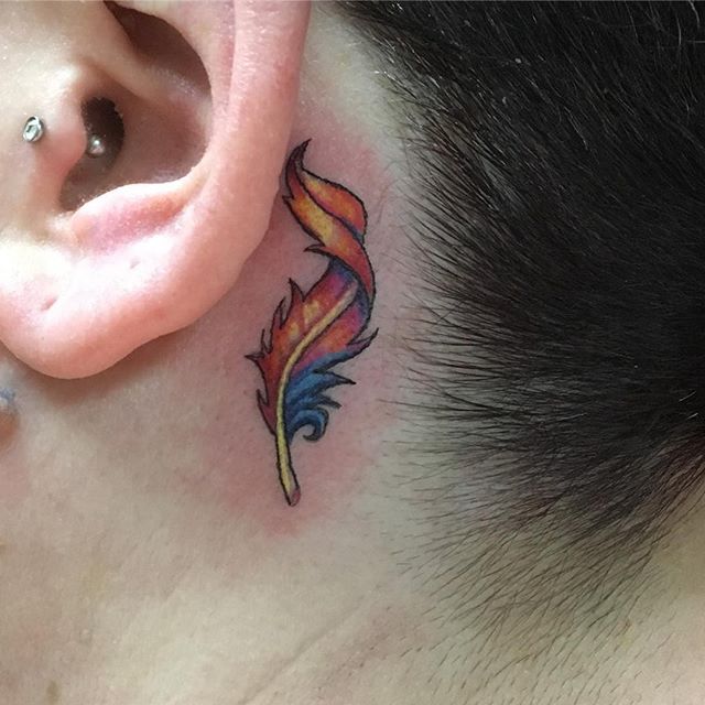Such a great little walk-in tattoo! A bright, little, behind-the-ear phoenix feather by Sienna. 
Sienna Coppa, True Love Tattoo &amp; Art Gallery, Seattle WA, sienna@trueloveart.com - @siennacoppa_ink
.
.
.
.
.
.
.
.
.
.
#SiennaCoppatattoo #truelovea