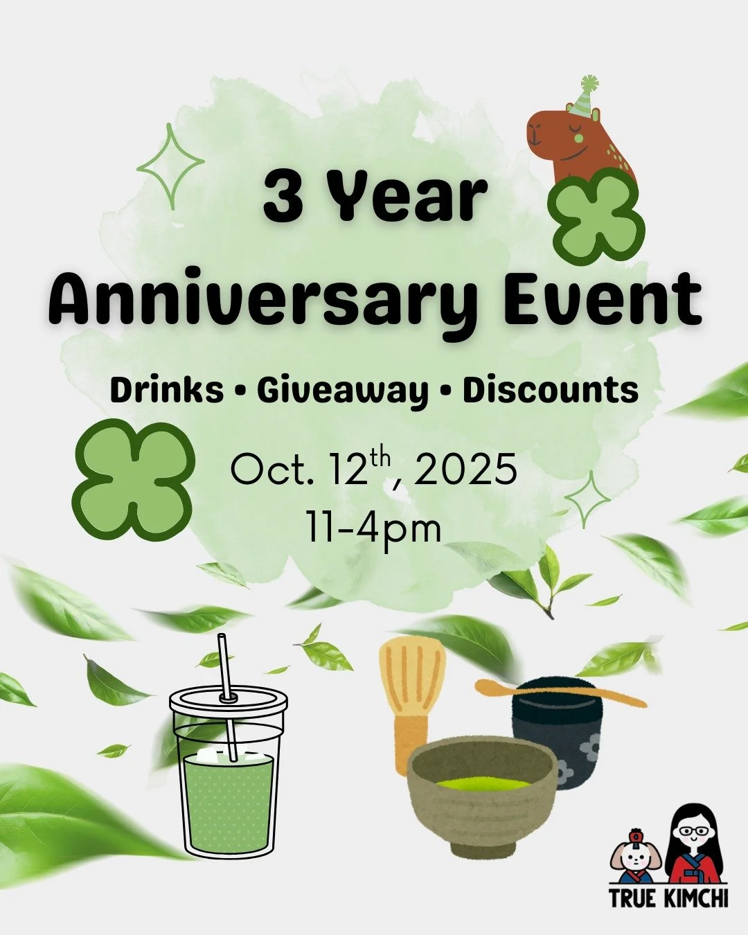 The 3-year anniversary of our shop is coming up! To celebrate, join us for a matcha-filled day on October 12th from 11am-4pm. 

Curated Drink Menu: We&rsquo;re bringing back our tasty matcha lattes and adding a seasonal twist to them for ONE DAY ONLY